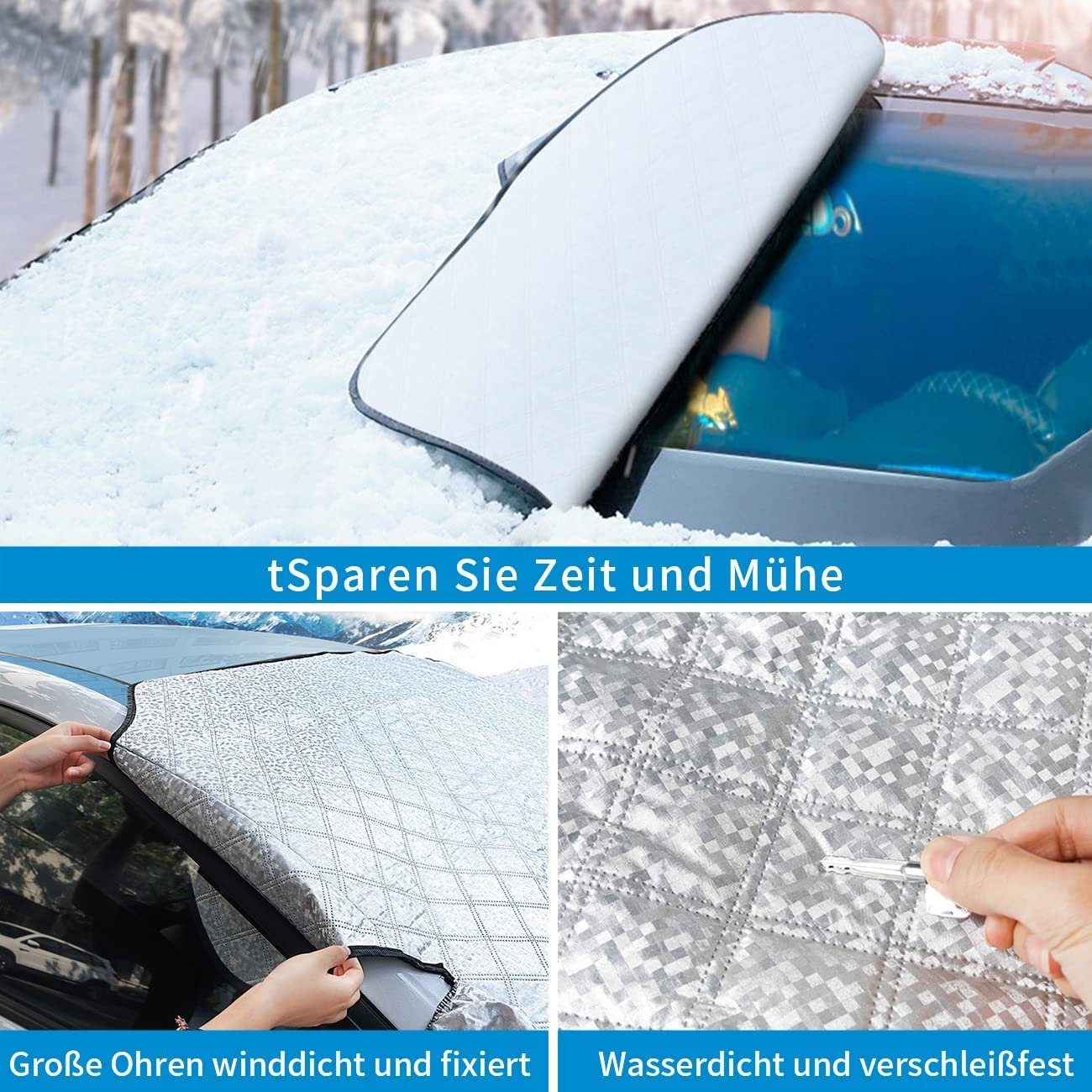 KESSMANN Autosonnenschutz Sonnenschutz Abdeckung faltbar Frontscheibe 4 Schichten 150x100cm Auto, (Set, 1-St., Inkl. Aufbewahrungstasche Frontblende Fenster Schutz Hitzeschutz), gegen Sonne Hitze UV Strahlung Staub Eis Frost Schnee strapazierfähig
