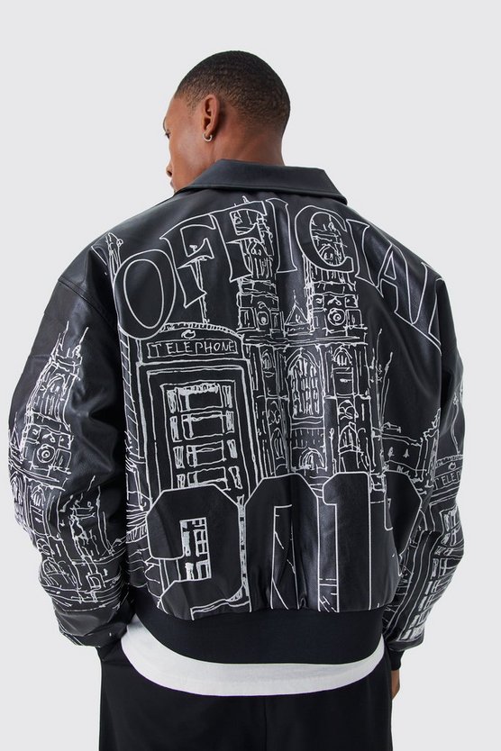 Kastige PU-Bomberjacke mit Stickerei