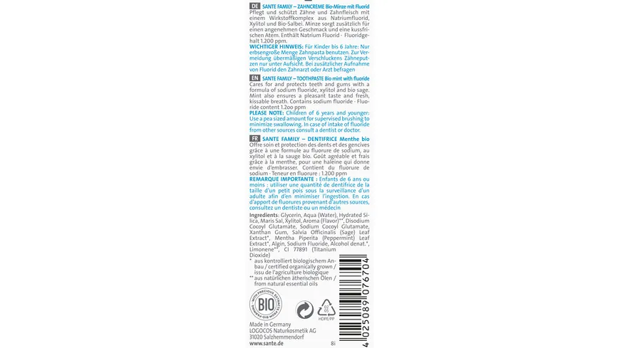 SANTE FAMILY Zahncreme Bio-Minze 75 ml