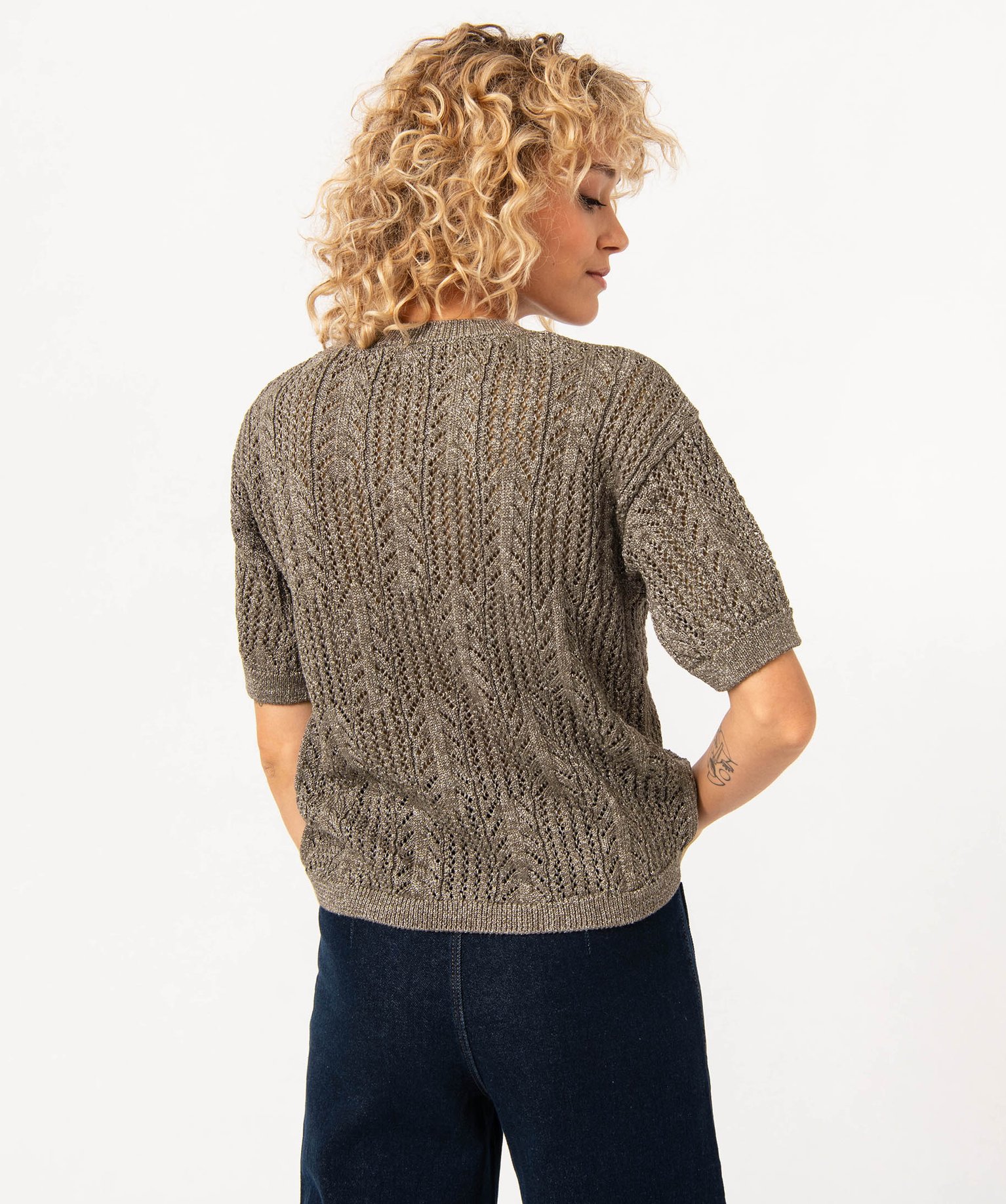 Pull à manches courtes en maille pailletée ajourée femme kaki | GEMO