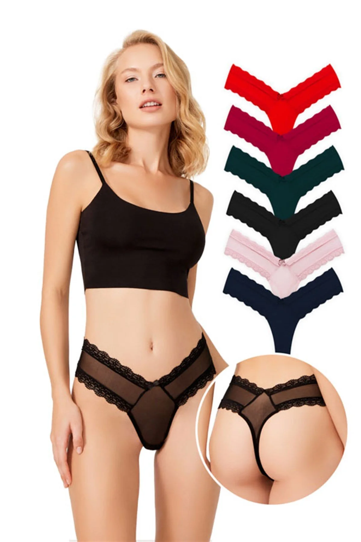 Cottonhill  Transparente Damen-Tangas mit Spitzendetails im 6er-Pack