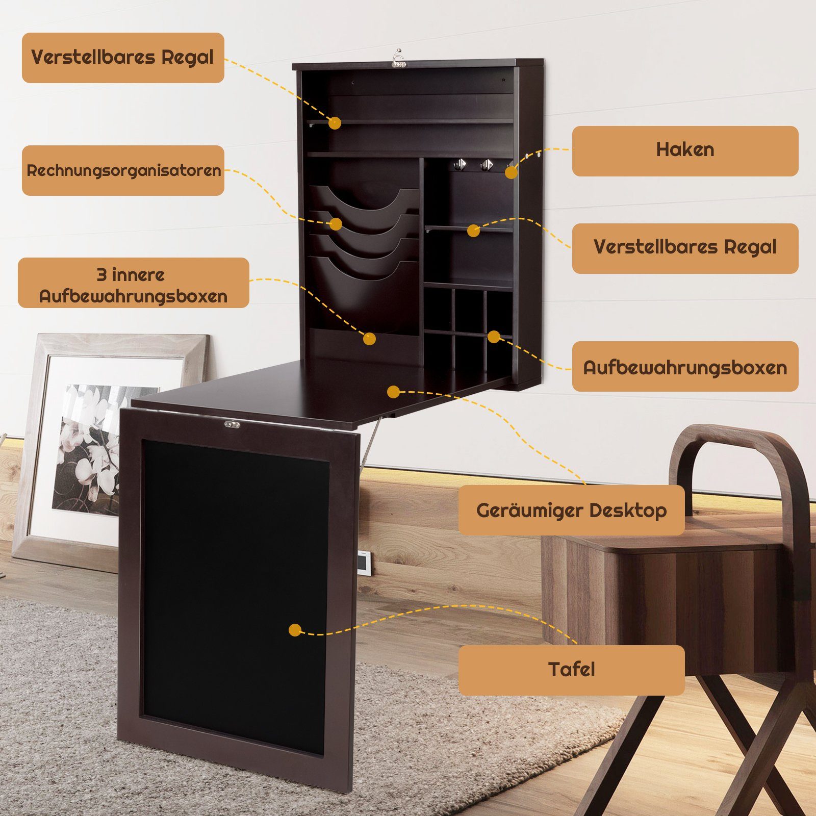 COSTWAY Klapptisch, Küche, Wand, Esstisch, mit Tafel, 87x60x150cm