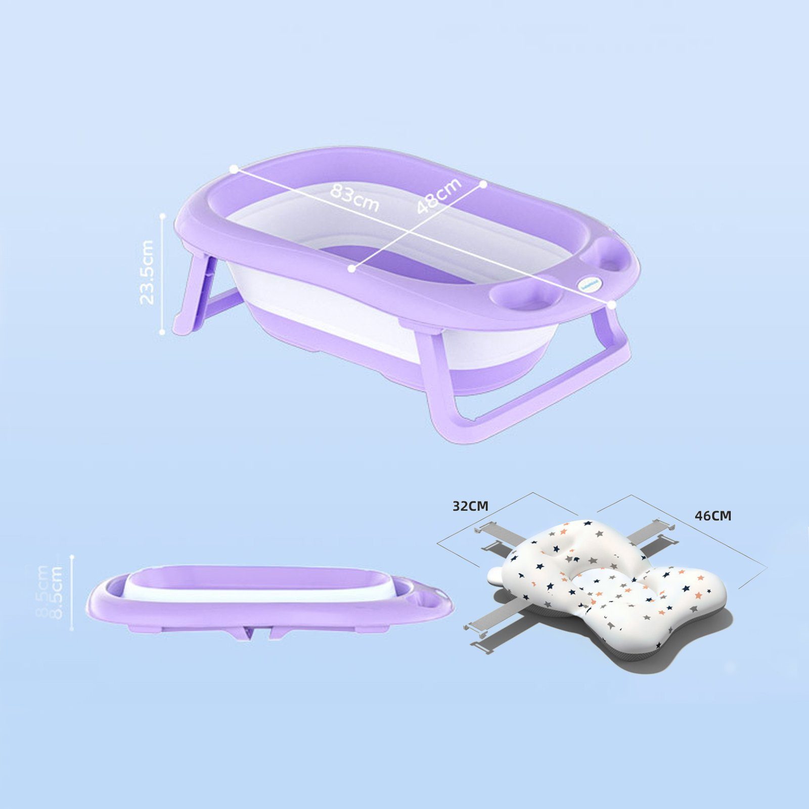 Seven Comfort Babybadewanne Faltbare Babybadewanne mit Matte, 3-in-1 faltbar, Inklusive Badematte, Baby-Badewanne, mit Ständer