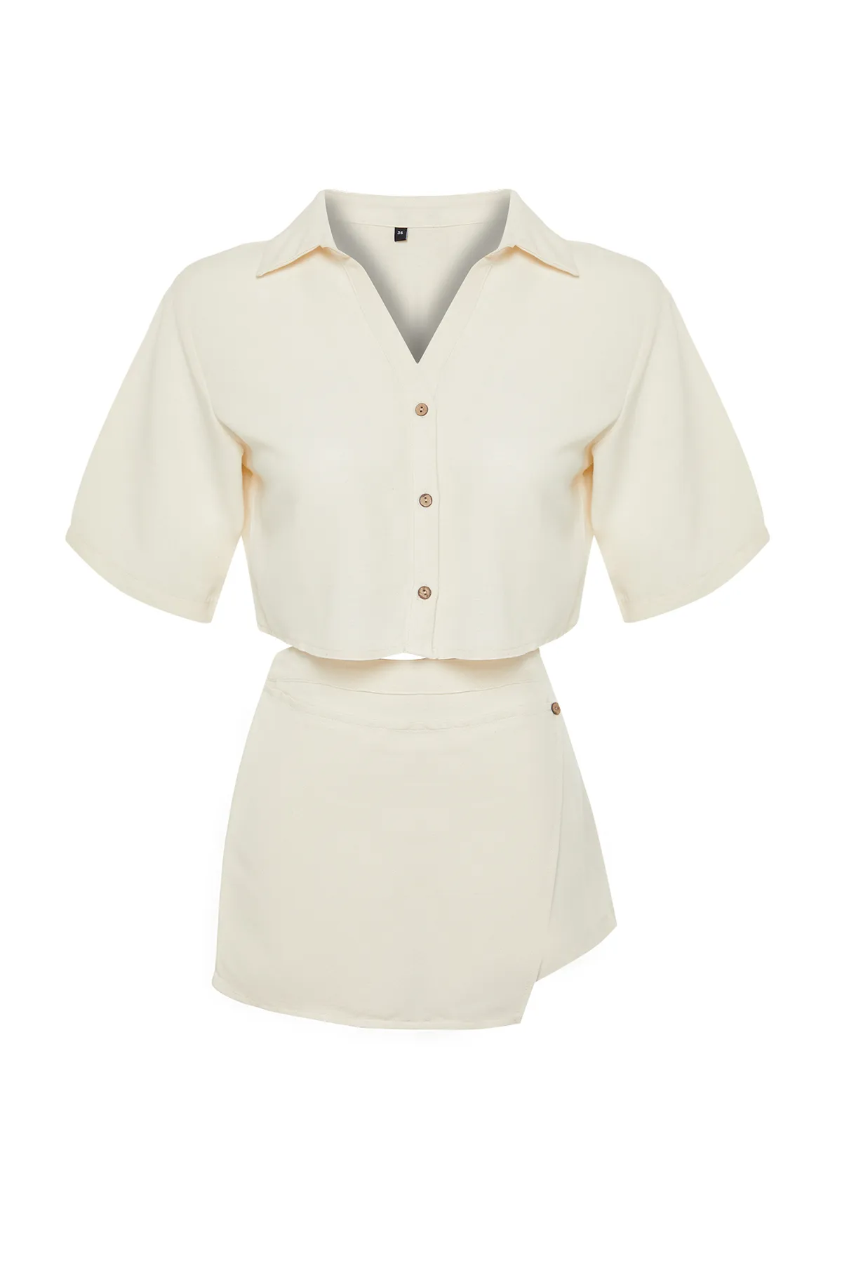 Trendyol Collection  Beige gewebtes Hemd-Shorts-Set aus Leinenmischung TBESS24AU00019