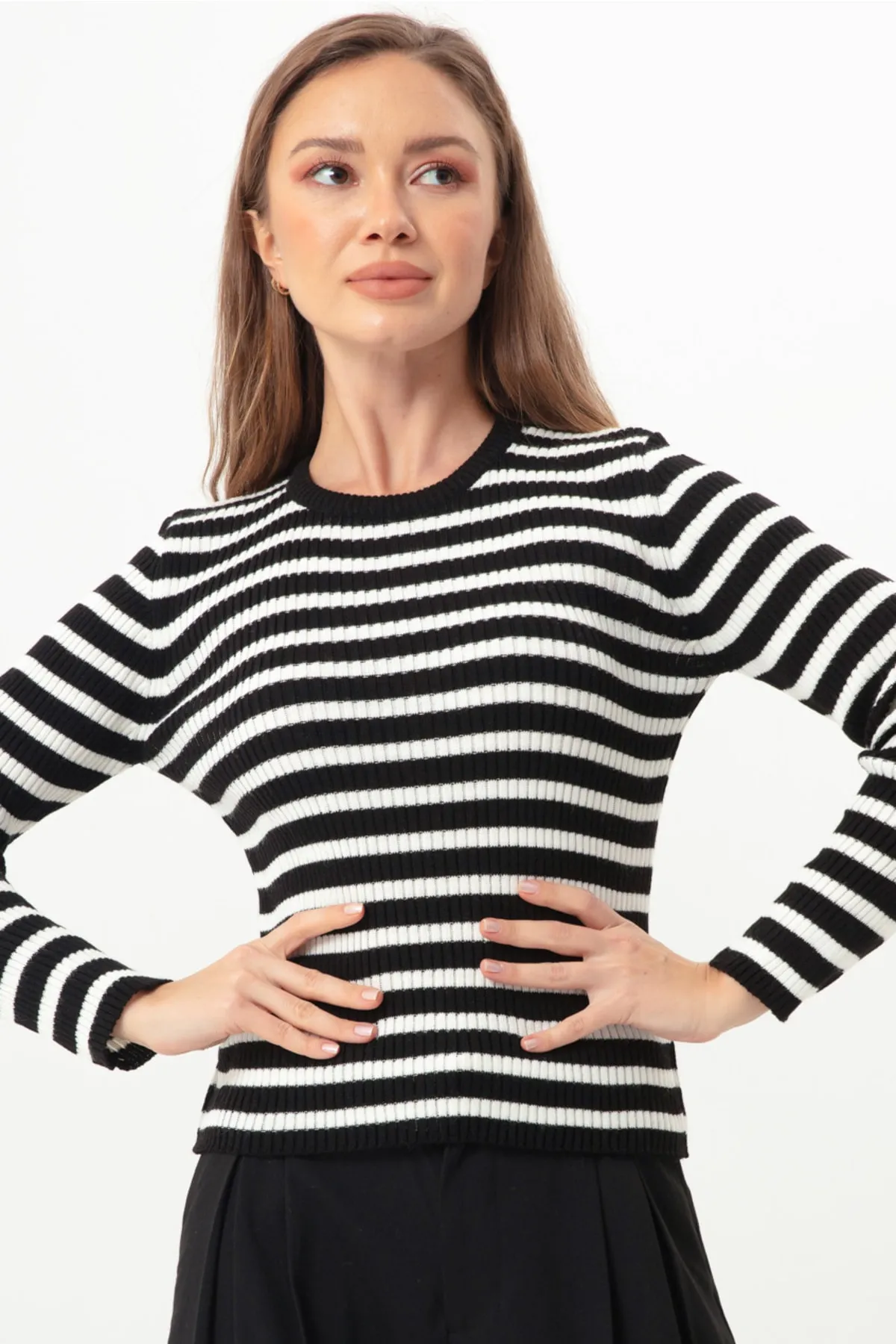 Lafaba  Schwarz gestreifter, gerippter Lycra-Strickpullover für Damen