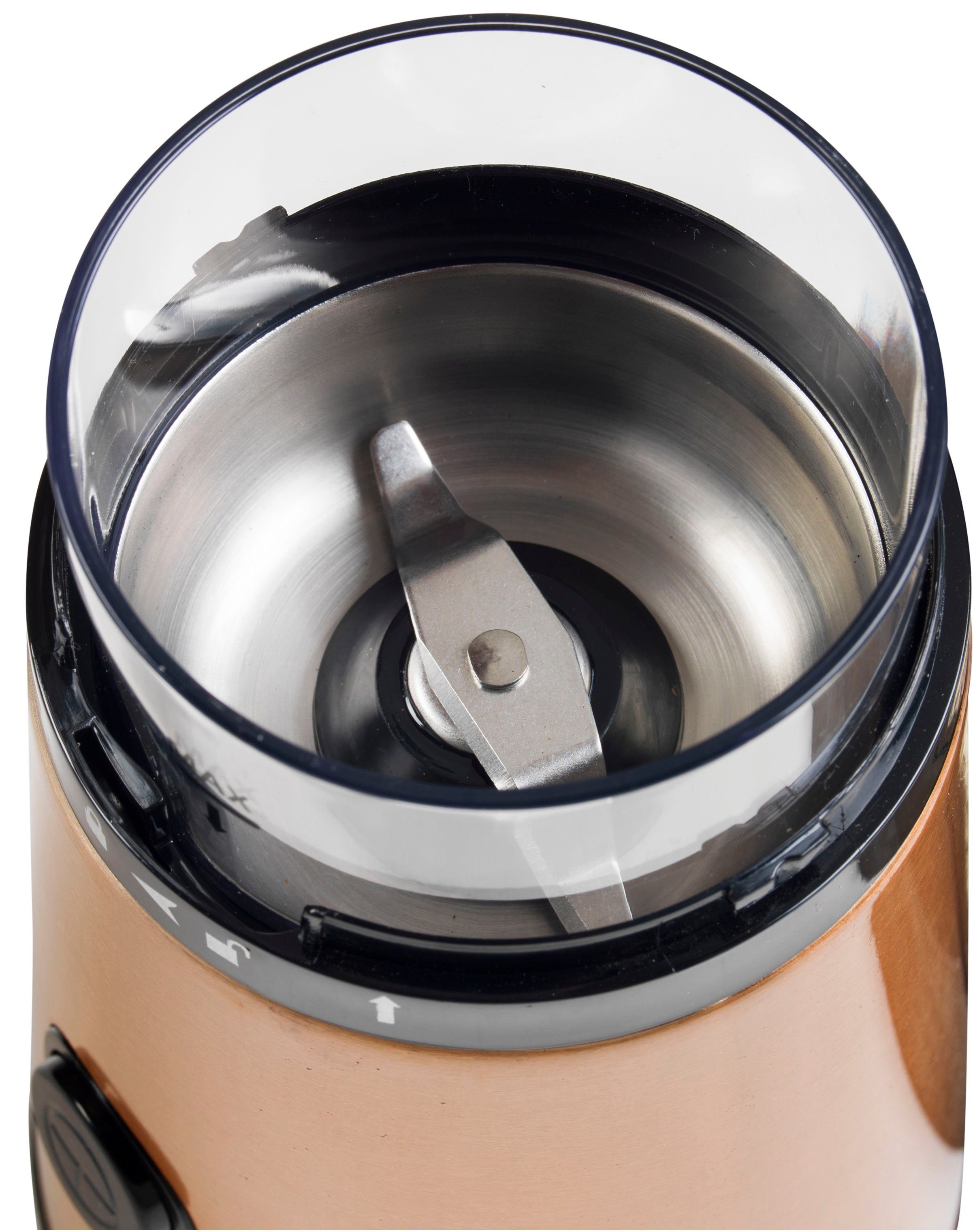 bestron Kaffeemühle ACG1000CO, 150 W, Schlagmahlwerk, 50 g Bohnenbehälter, elektrisch, mit Edelstahl-Schlagmesser, Edelstahl in Kupfer-Optik