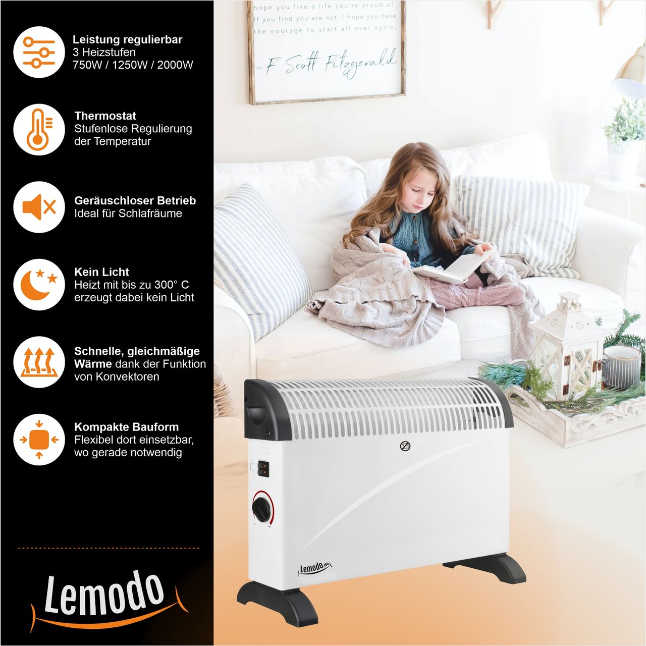 Lemodo Elektroheizung 2000W mit 3 Leistungsstufen