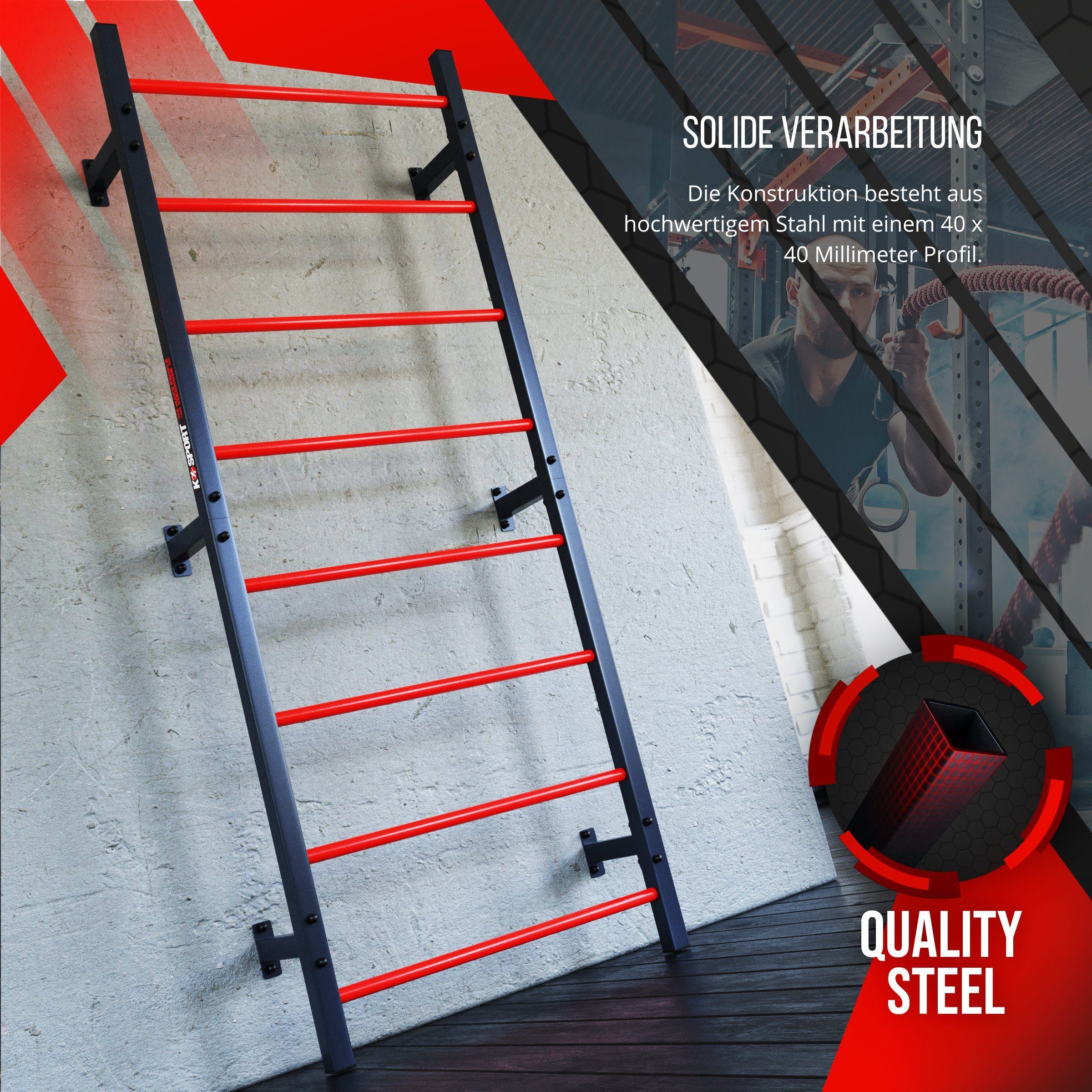 K-SPORT Kraftstation Sprossenwand mit 8 Sprossen, (Kletterwand zur Wandmontage, Hangelleiter zur Deckenmontage), Made in EU!