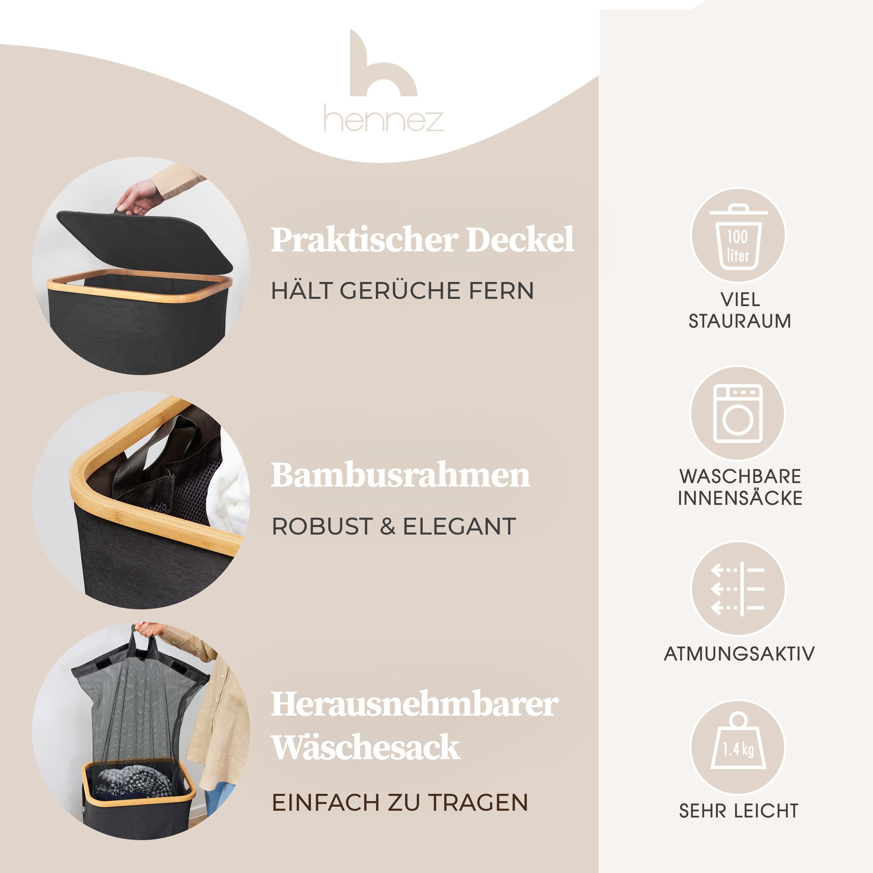HENNEZ Wäschekorb 100L mit Deckel (Wäschekorb inkl. Wäschesack herausnehmbar), 1 Fach inkl herausnehmbarem Wäschesack Wäschesammler schmal mit Deckel