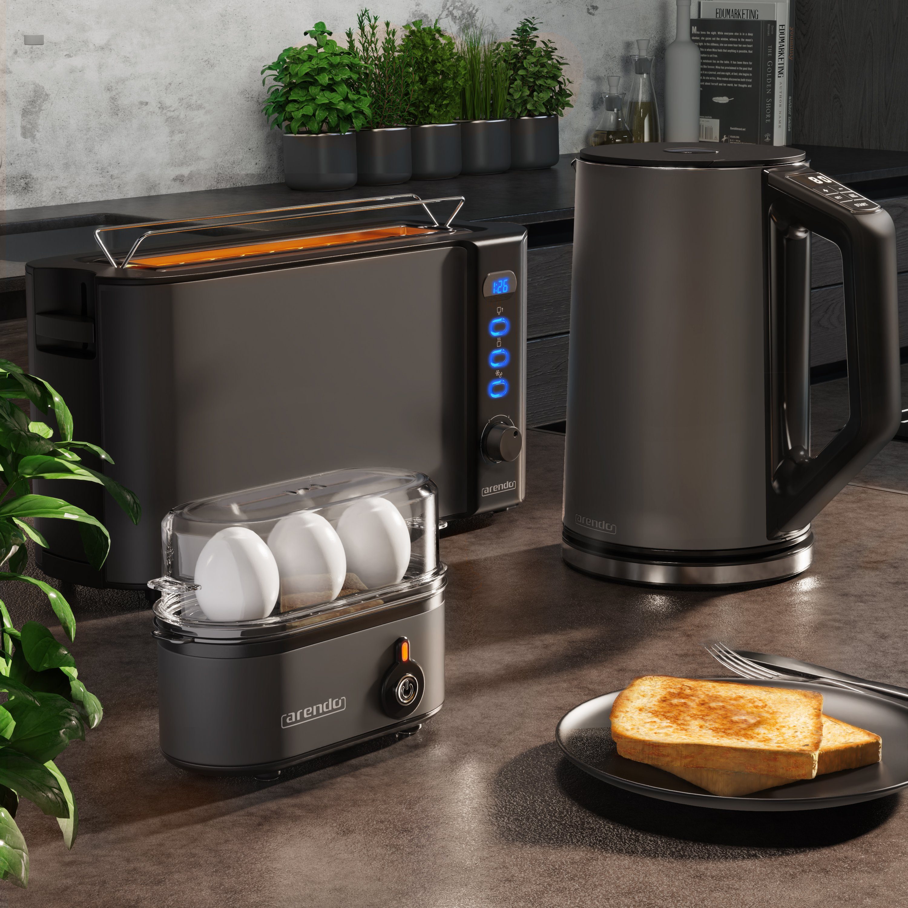 Arendo Frühstücks-Set (3-tlg), Wasserkocher 1,5l / 2-Scheiben Toaster / Eierkocher, Edelstahl, Grau