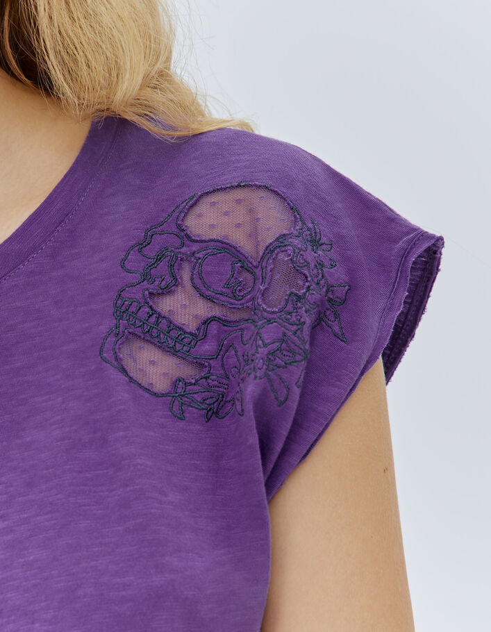 Tee-shirt violet broderie tête de mort avec tulle Femme