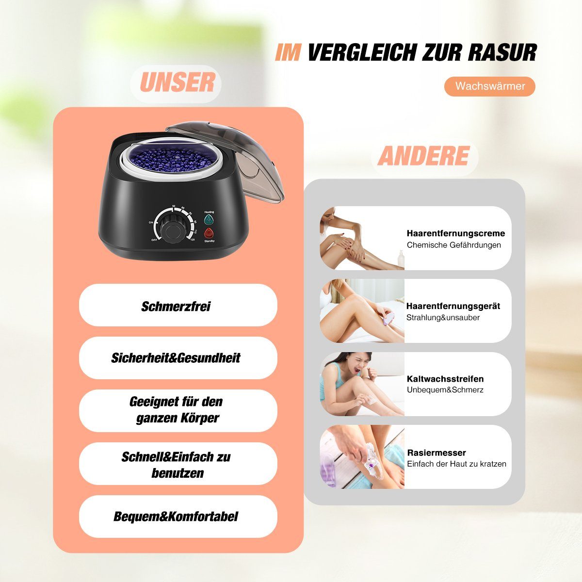 LETGOSPT Haarentferner-Set Wachswärmer Set, Hair Removal Waxing Kit, Mit 4X100g Wachsperlen, für Augenbraue, Gesicht, Achsel, Bikini, Bein