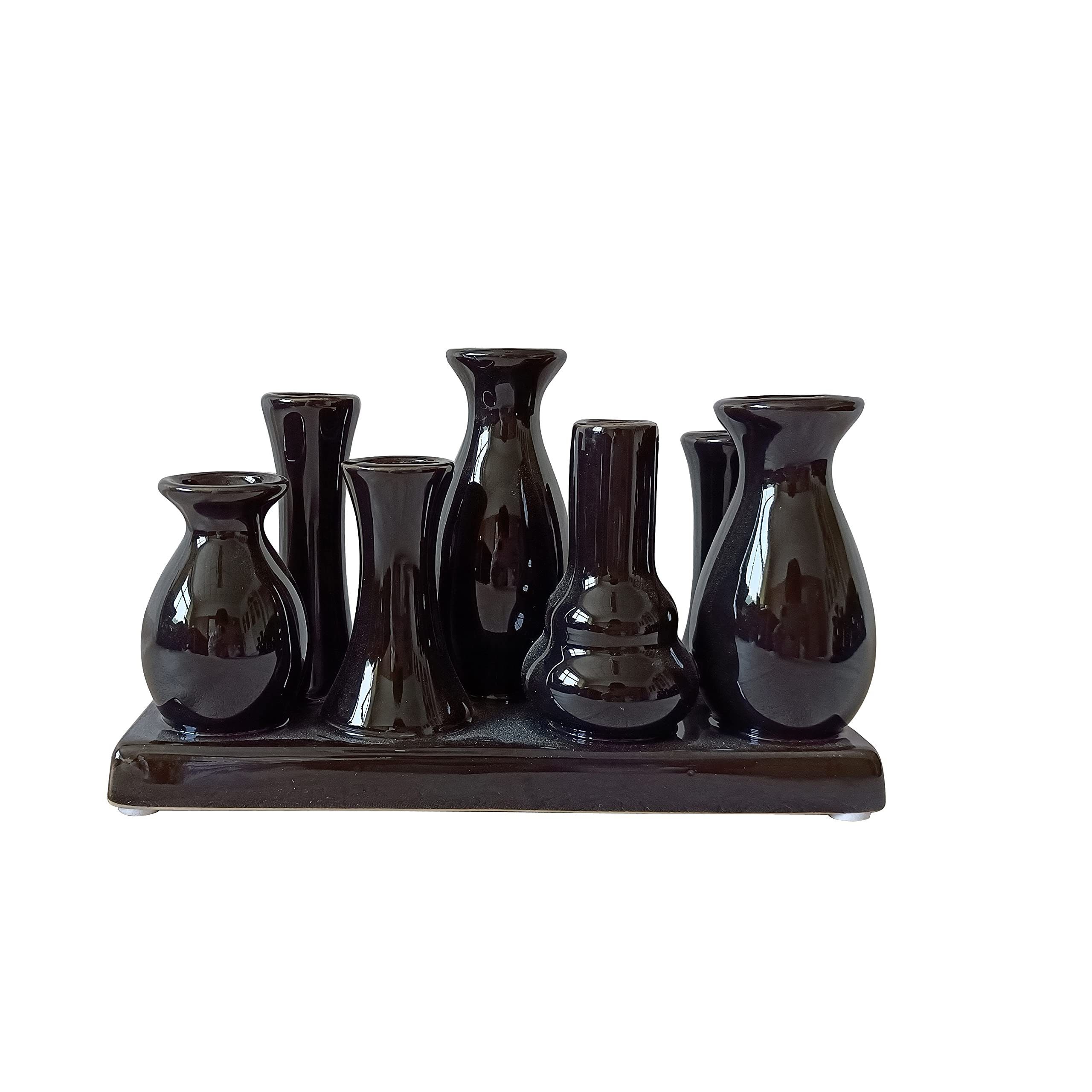 Jinfa Dekovase Handgefertigte kleine Keramik Deko Blumenvasen (7 Vasen Set schwarz), verbunden auf auf einem Tablett