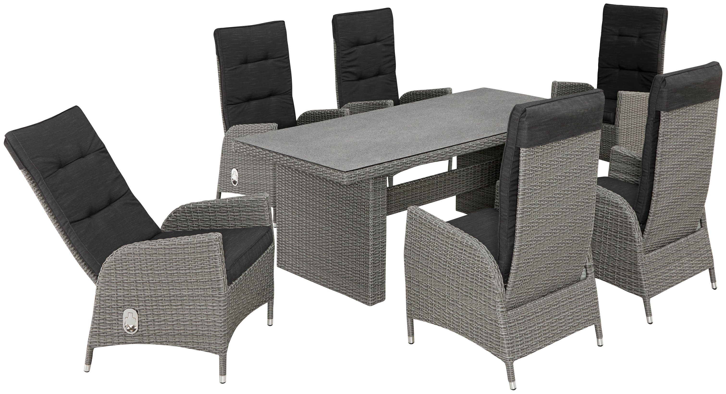 KONIFERA Garten-Essgruppe Brisbane, (13-tlg), 6 Sessel, Rückenlehne verstellbar, Tisch 92x192 cm, Alu/Polyrattan