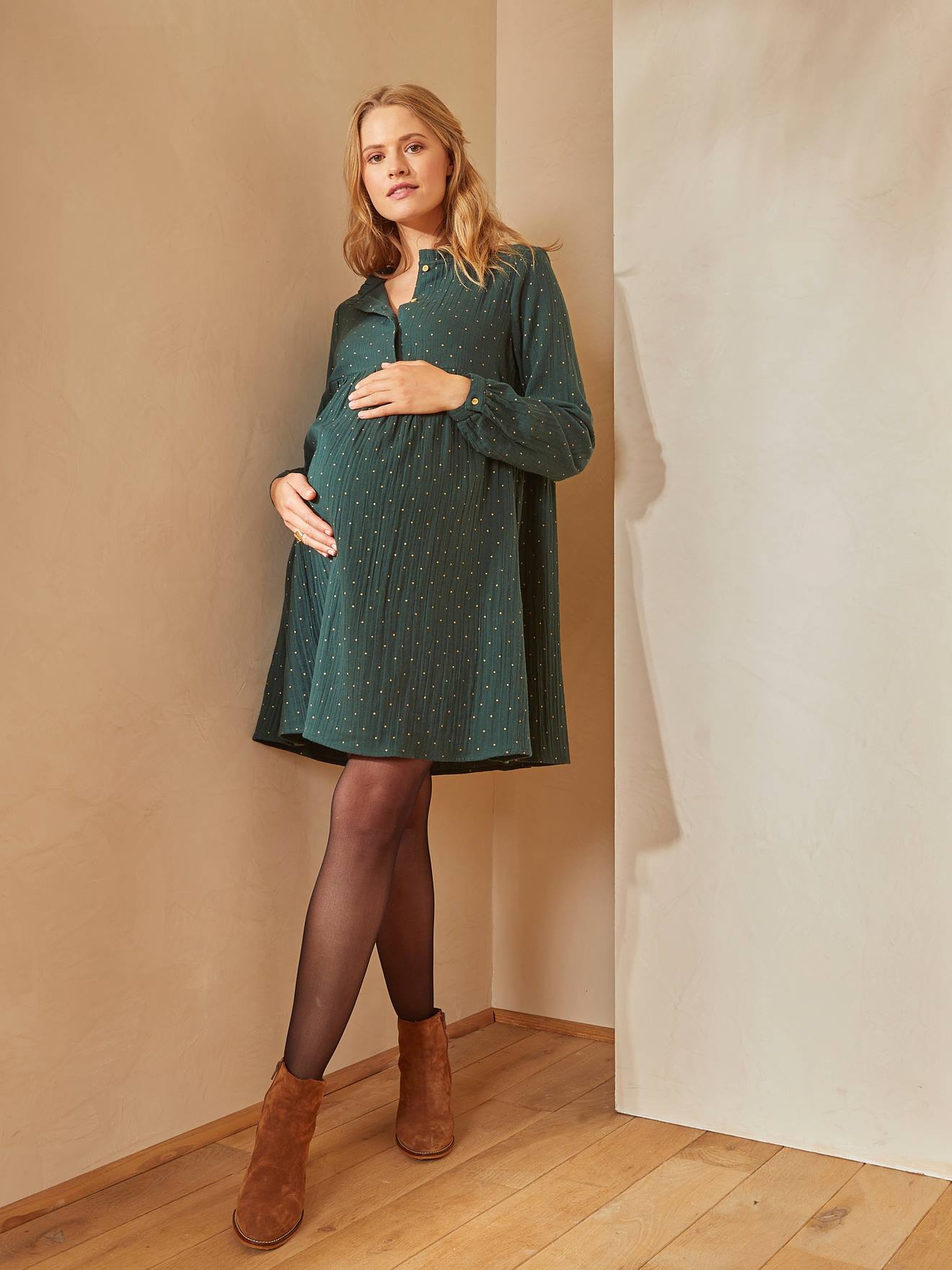 Robe imprimée gaze de coton grossesse et allaitement gris avec motif