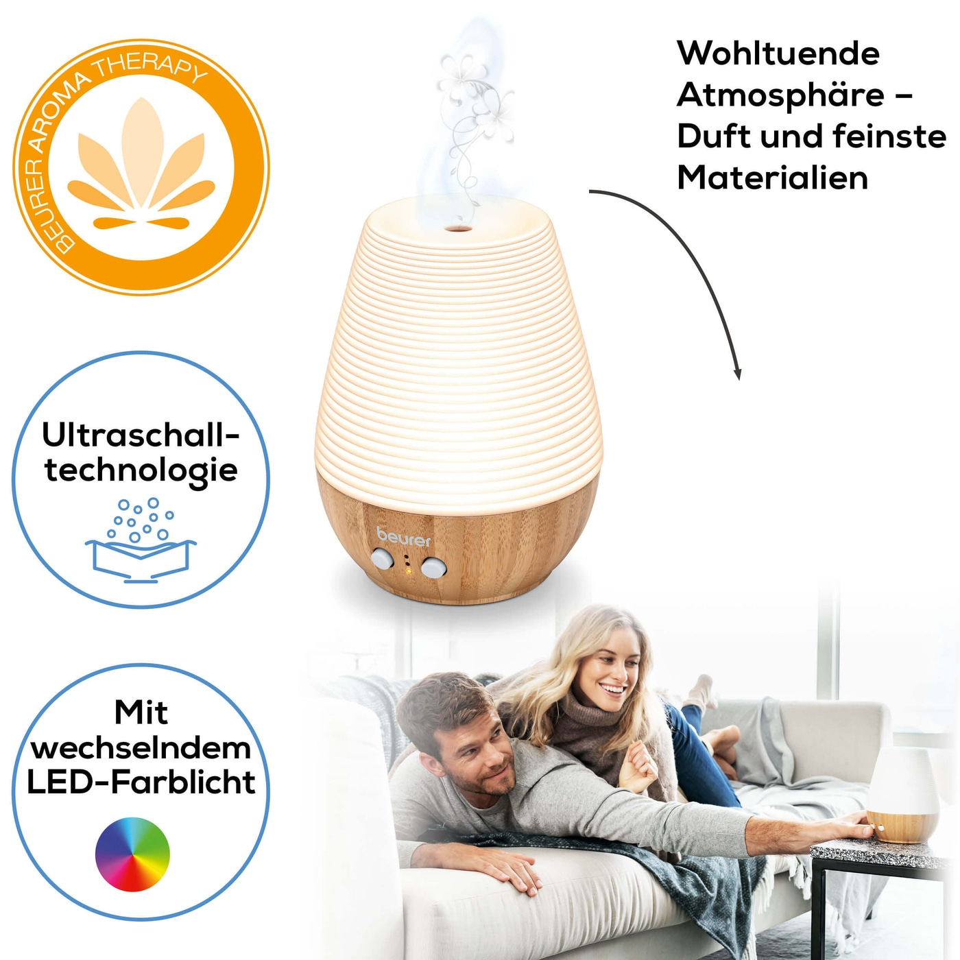 Beurer Aroma Diffuser LA 40-Aroma Diffuser mit LED-Farblicht & Timerfunktion bis 20 m²