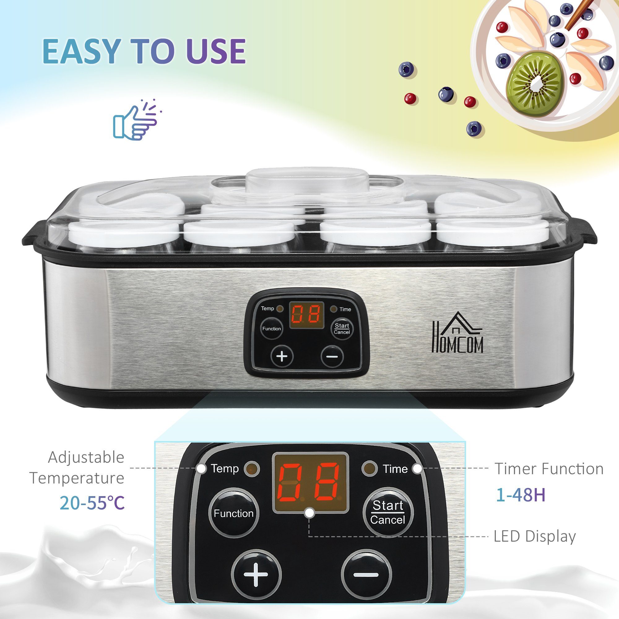 HOMCOM Joghurtbereiter Joghurtbereiter, 8 Portionsbehälter, je 180 ml, Joghurtmaschine 8 Joghurtgläser einstellbar PC PP Silber