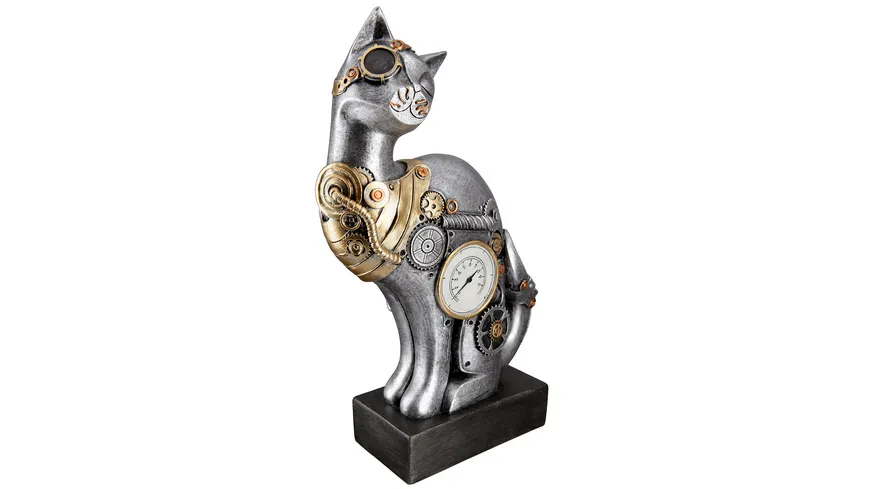 GILDE Poly Skulptur Steampunk Cat H=30cm silber