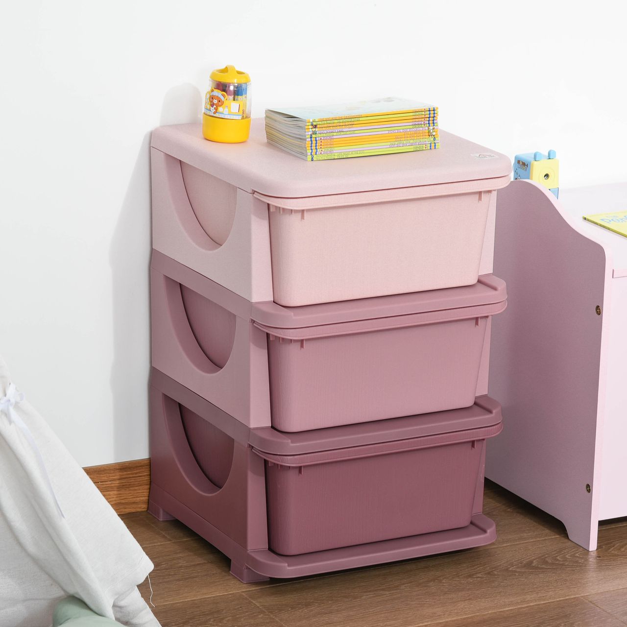 HOMCOM Schubladenschrank für Kinder mit Stauraum Aufbewahrungsboxen Spielzeug-Organizer Spielzeugkiste drei Ebene für Kinderzimmer 3-6 Jahre Kindermöbel Rosa 37 x 37 x 56,5 cm