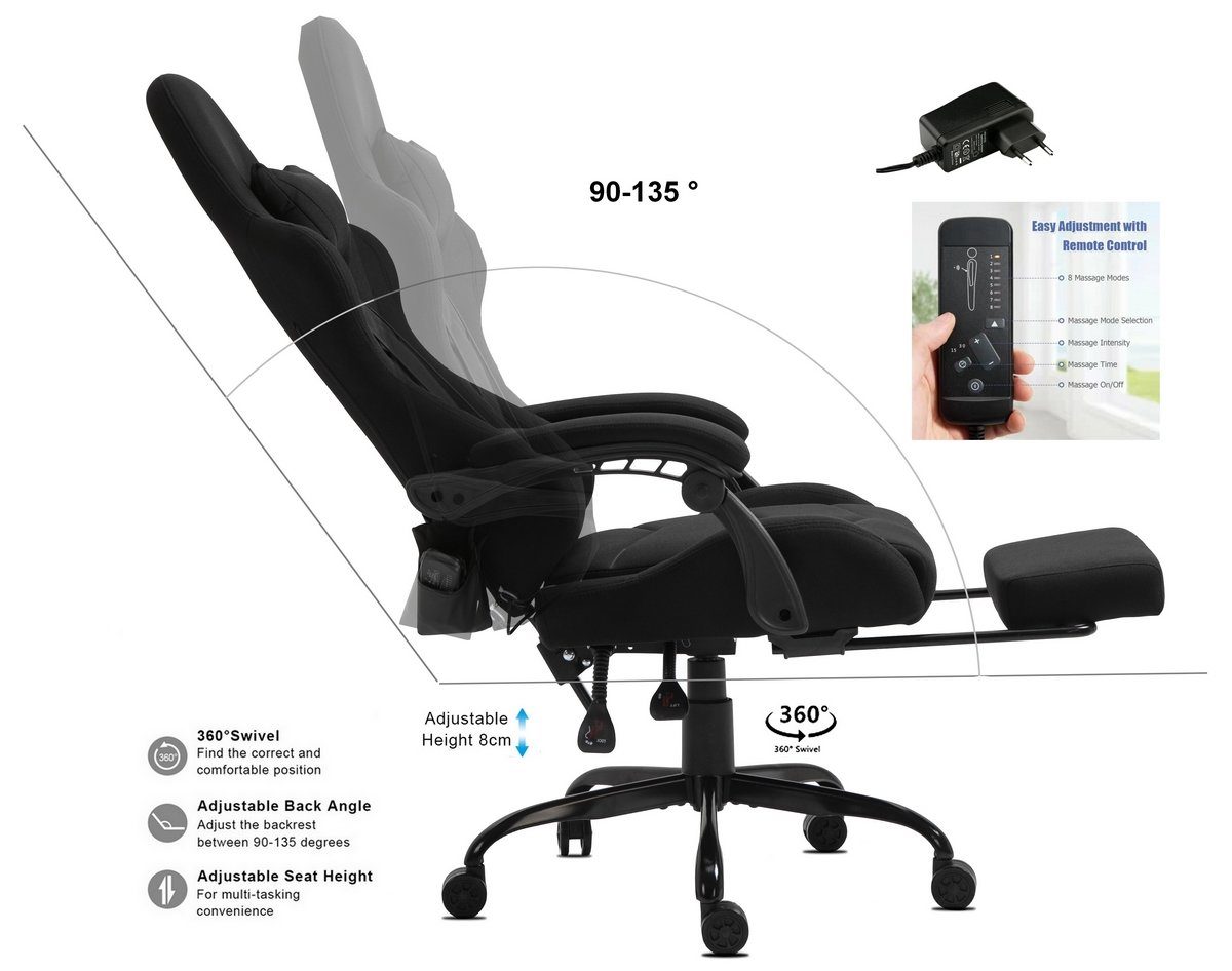 Delman Gaming-Stuhl Bürostuhl Chefsessel Massagefunktion mit 6 Vibrationspunkten Stoff, Drehstuhl, dicke Polsterung, Metallfußkreuz, Fußstütze 02-0036