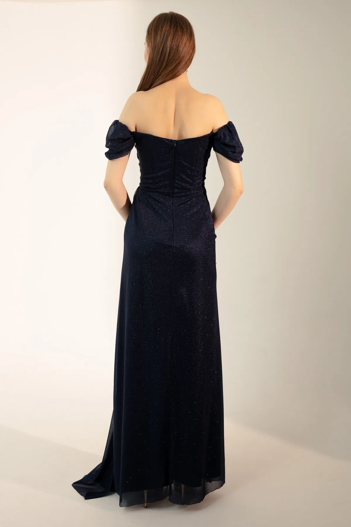 Lafaba  Damen-Abendkleid in Marineblau mit U-Boot-Ausschnitt, drapiertem Schlitz, langes Glitzer-Abendkleid