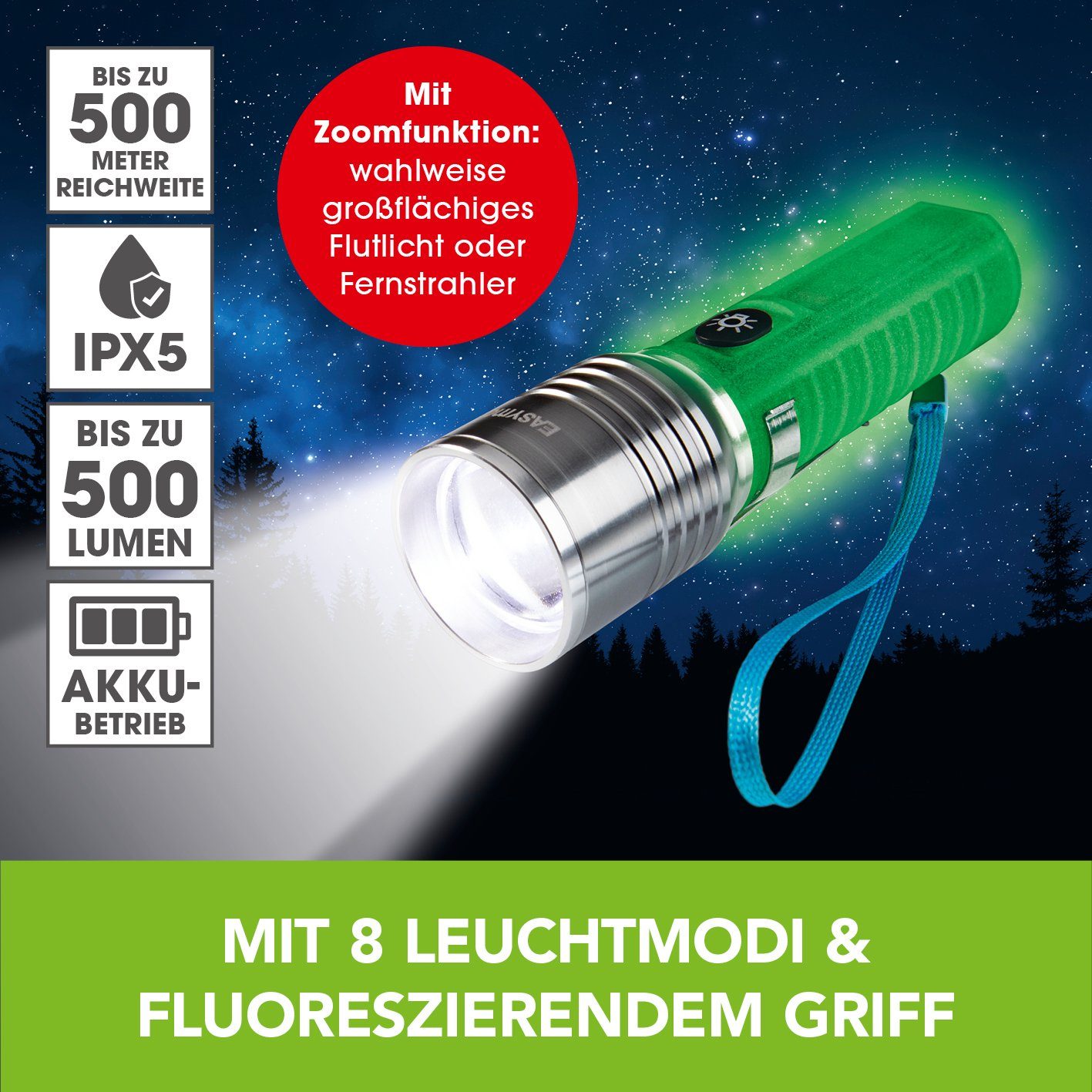 EASYmaxx LED Taschenlampe LED Outdoorgeeignet 5 V transparent/chrom, USB Aufladbar, 8 Leuchtmodi, bis zu 500m Reichweite