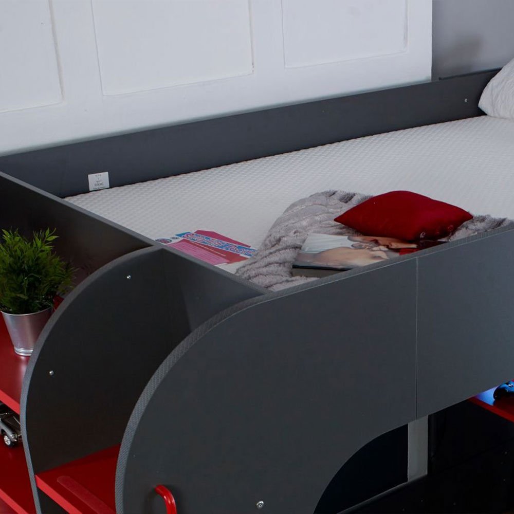 PodBed Grey and Red Gaming High Sleeper with Grey Sofa