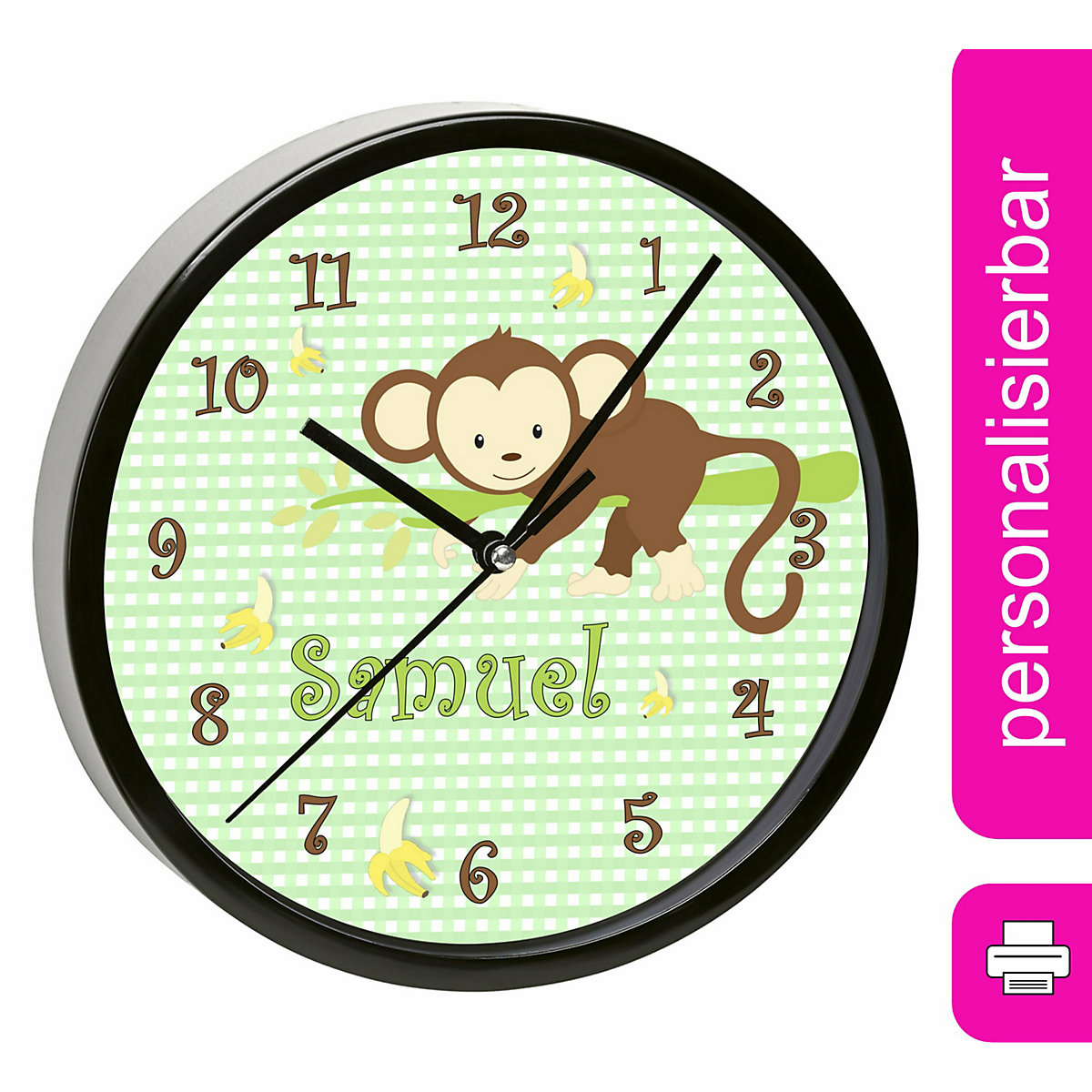 Kinder Wanduhr personalisiert mit Name Affe hängend Grün