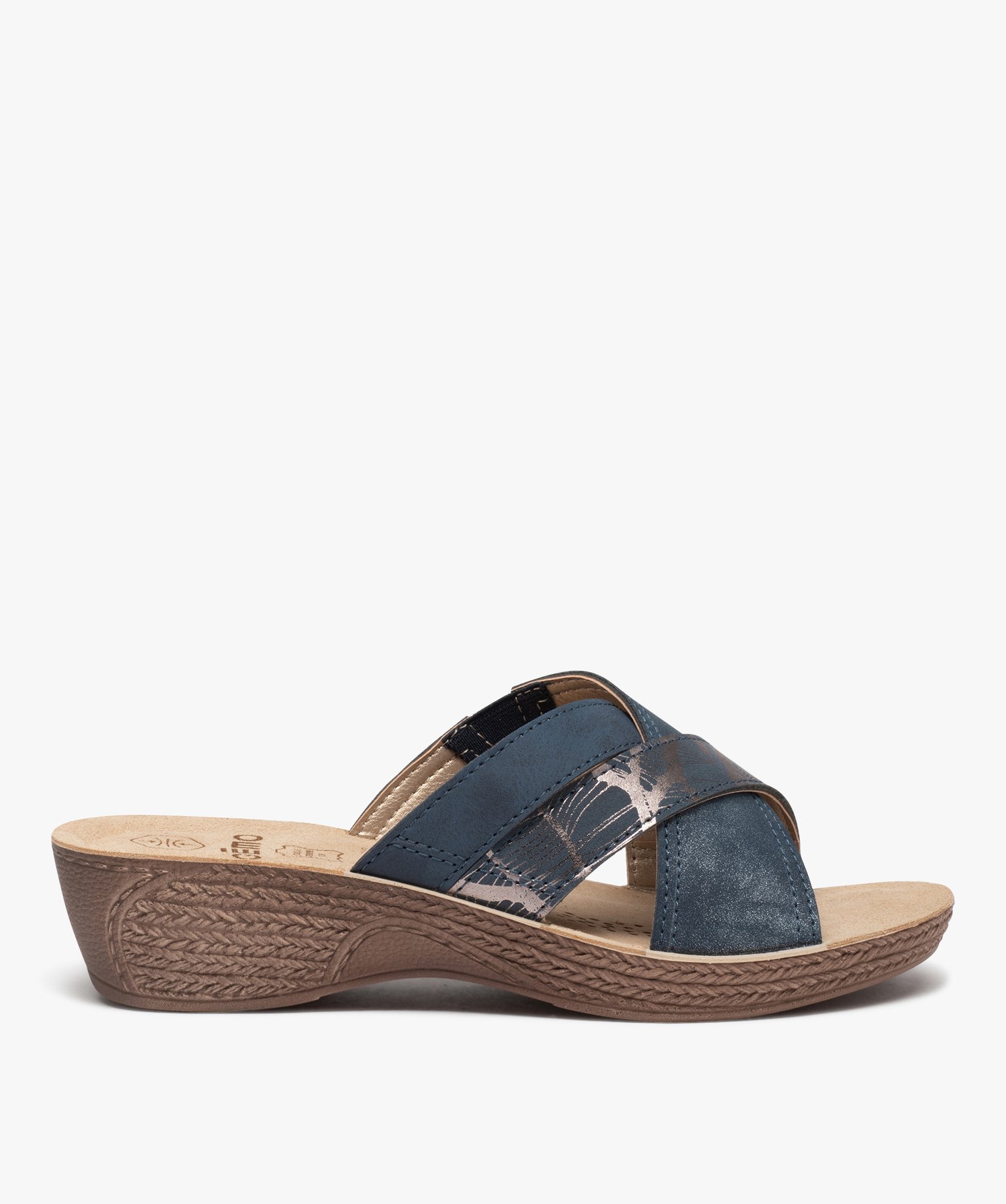 Mules femme confort à brides croisées fantaisie marine | GEMO