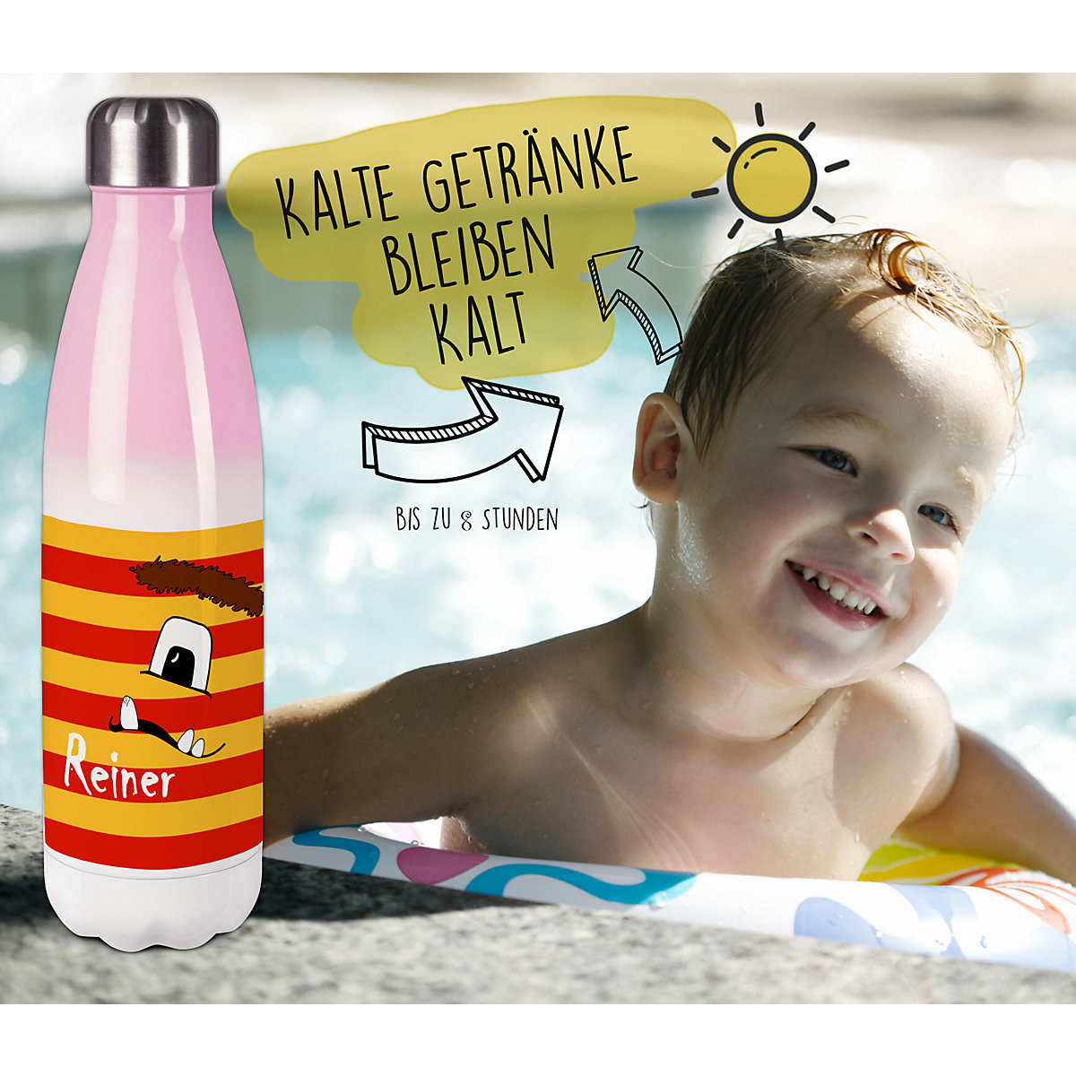 Edelstahl Kinder Thermoflasche / Trinkflasche bunt Monster Streifen Farbe rot gelb Spülmaschinenfest, Auslaufsicher, Bruchfest, Doppelwandig, Für Heißgetränke geeignet, Mit Deckel, Isoliert