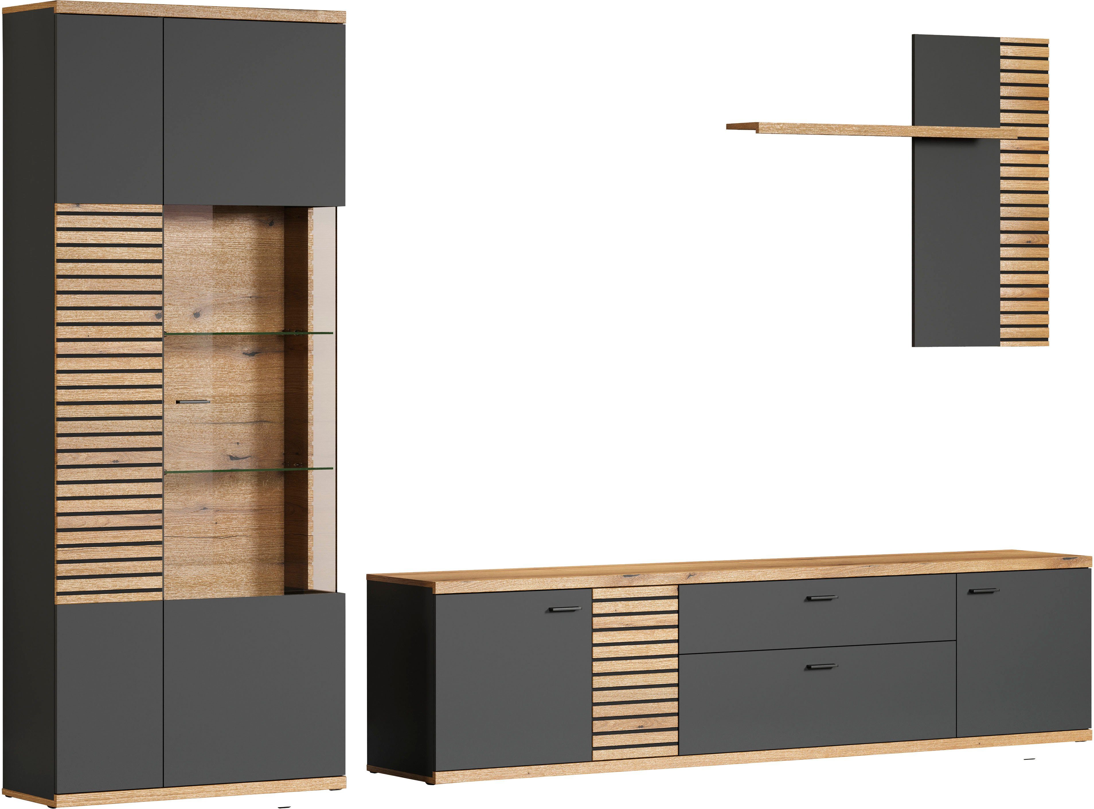 INOSIGN Wohnwand NORRISWW, (Set, 3-St), Wohnwand-Set in Anthrazit mit Coast Evoke Eiche, Türen mit Soft-Close