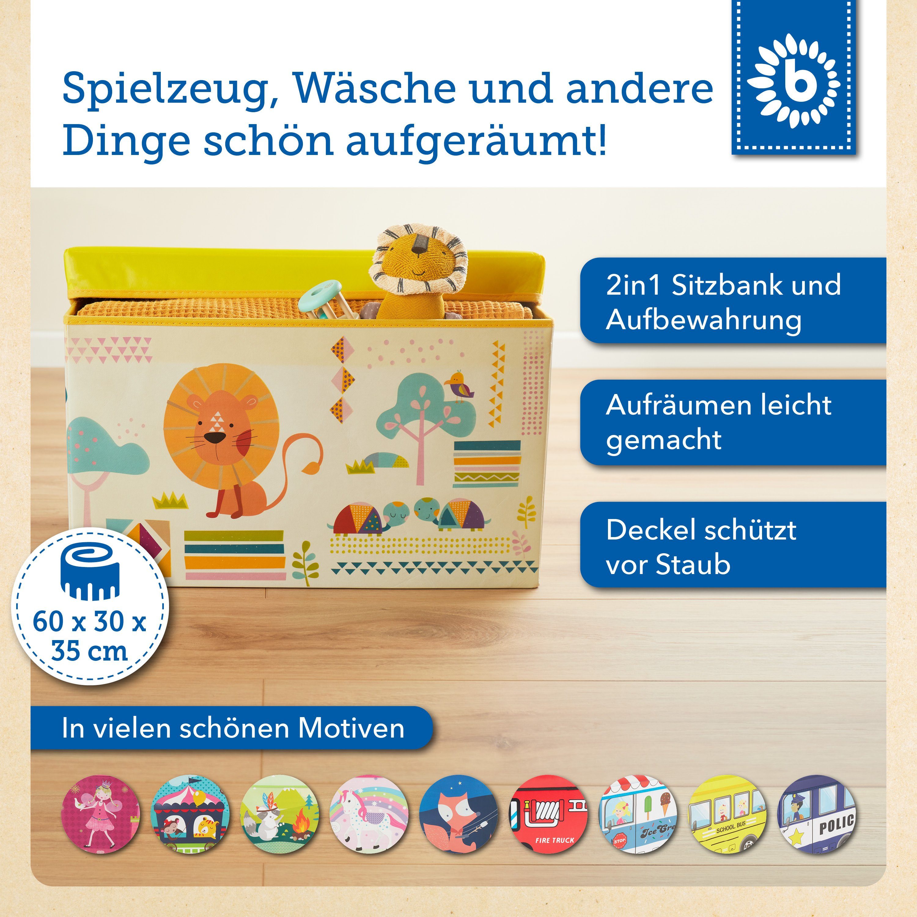 BIECO Spielzeugtruhe Bieco Aufbewahrungsbox mit Deckel 60L, faltbar ca. 60x30x35cm Spielzeugkiste mit Deckel Aufbewahrungsbox Kinder Kisten mit Deckel Aufbewahrungsbox Groß Wickeltisch Organizer Zoo Motiv