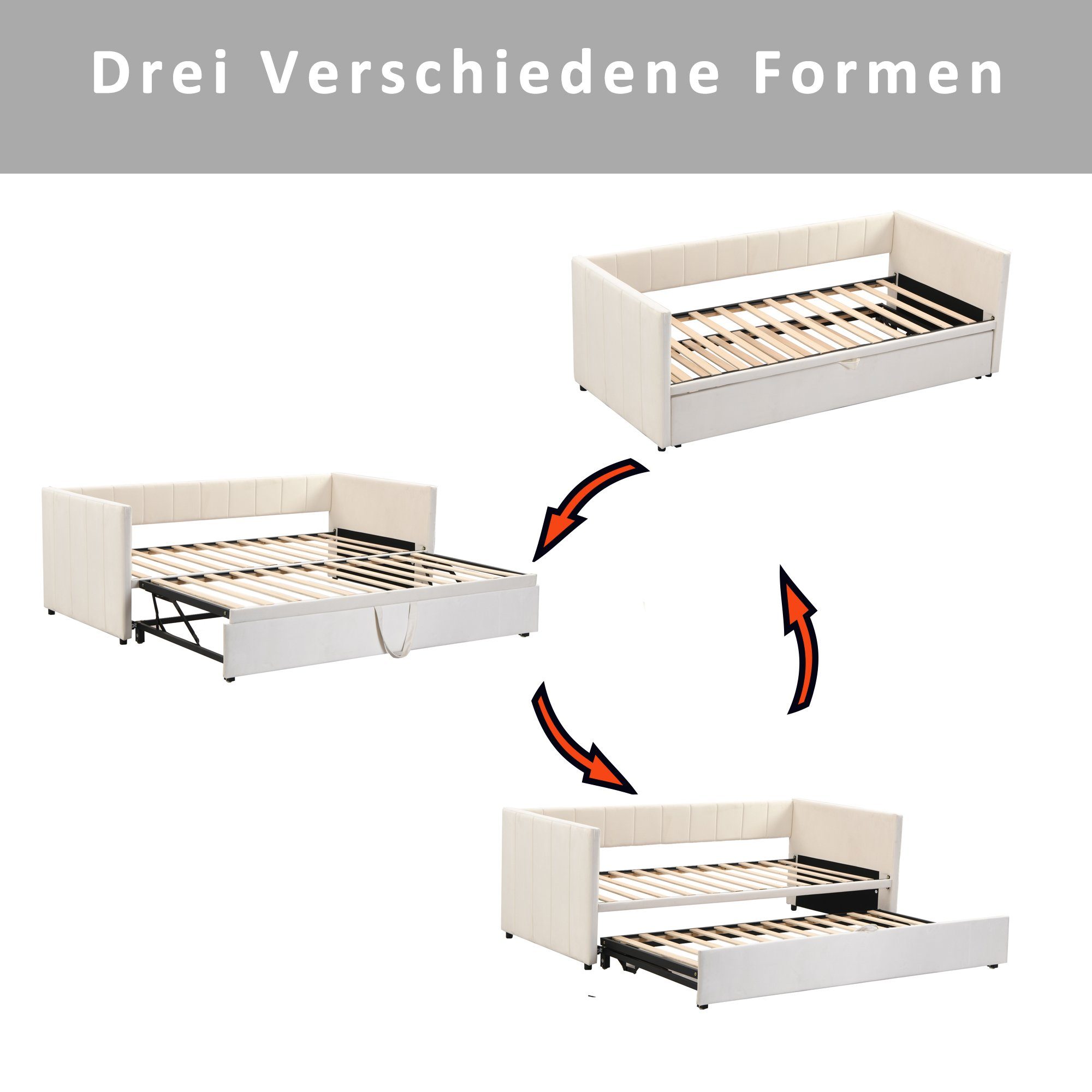 Ulife Schlafsofa Kinderbett Tagesbett Ausziehbares Polsterbett 90/180*200 cm, Multifunktionsbett aus hautfreundlichem Samtstoff