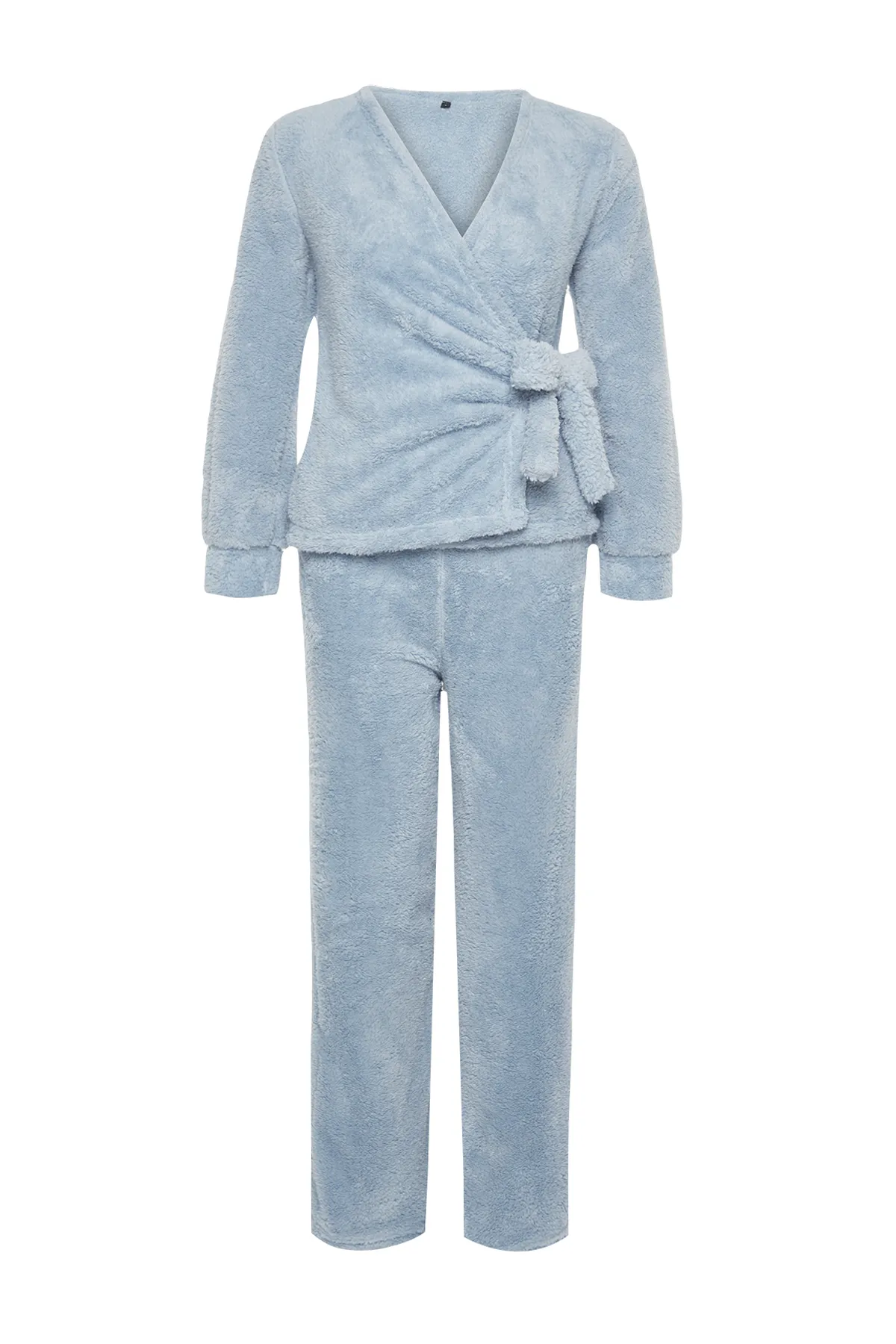 Trendyol Collection  Hellblaues Pyjama-Set aus Strick mit zweireihigem Kragen und Wellsoft-Hemd und -Hose THMAW24PT00033