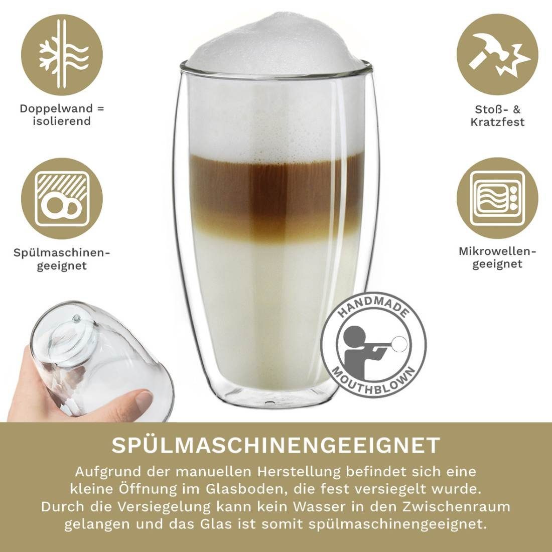 Creano Teeglas Creano doppelwandiges Thermoglas 400ml „DG-SH“, großes Doppelwandglas, Borosilikatglas, 6 Gläser