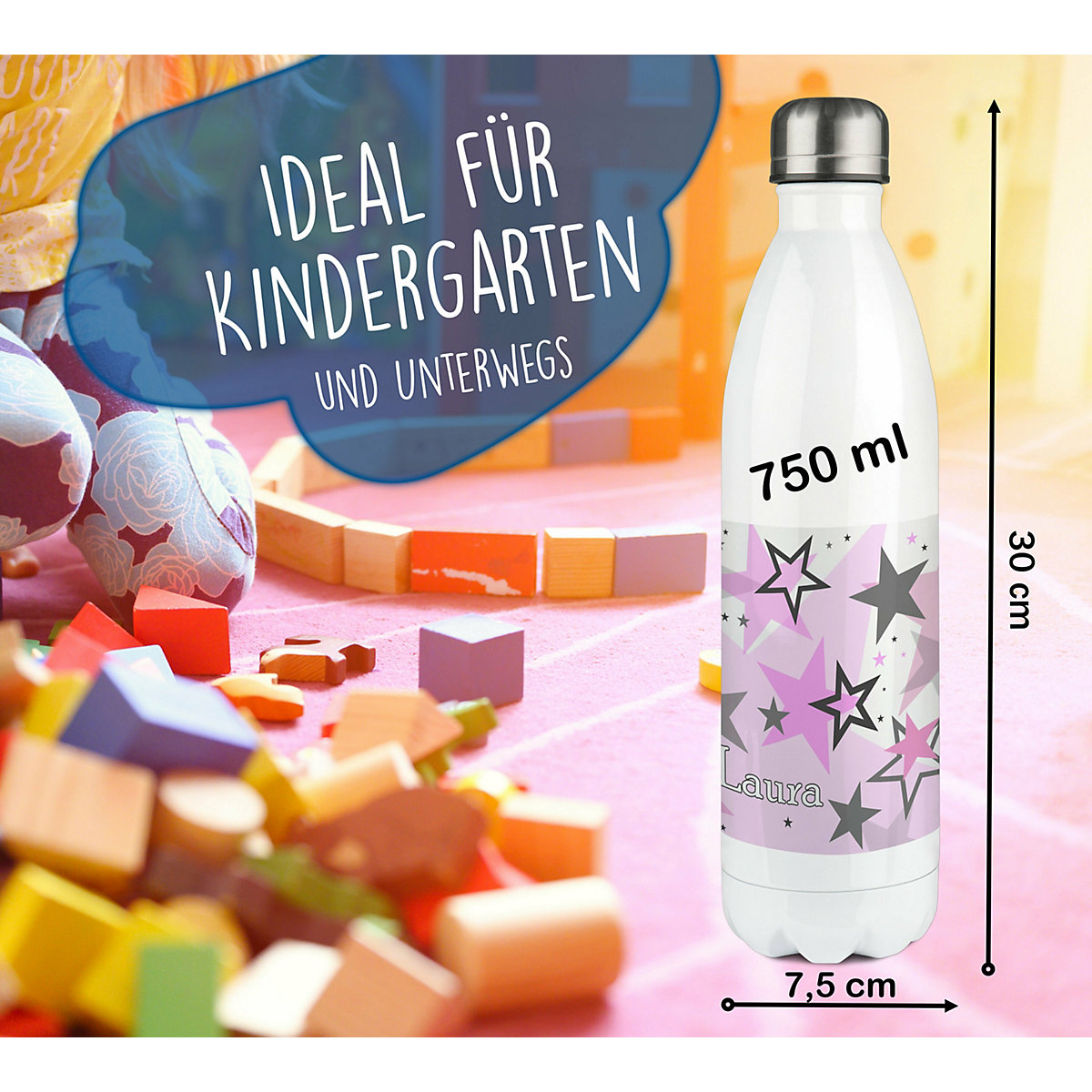 Edelstahl Kinder Thermoflasche / Trinkflasche bunt Sternenhimmel Farbe rosa grau Spülmaschinenfest, Auslaufsicher, Bruchfest, Doppelwandig, Für Heißgetränke geeignet, Mit Deckel, Isoliert