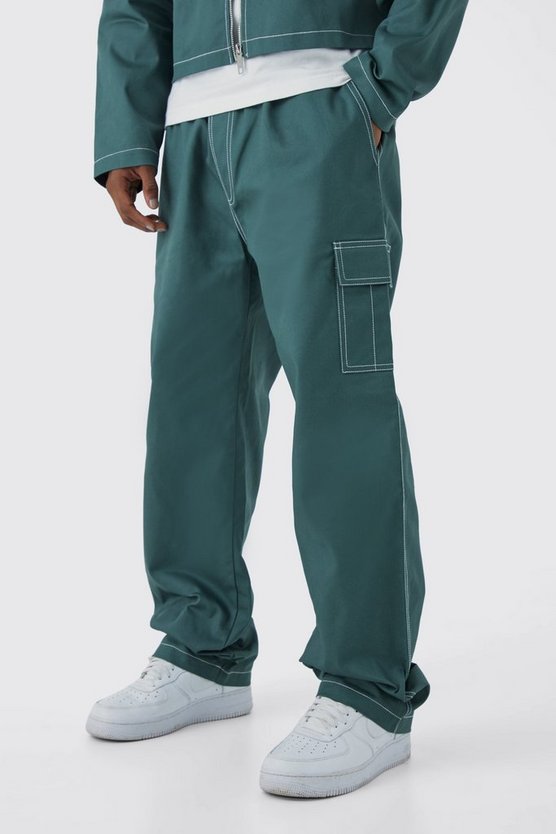 Lockere Twill Cargohose mit Kontrast-Naht und elastischem Bund