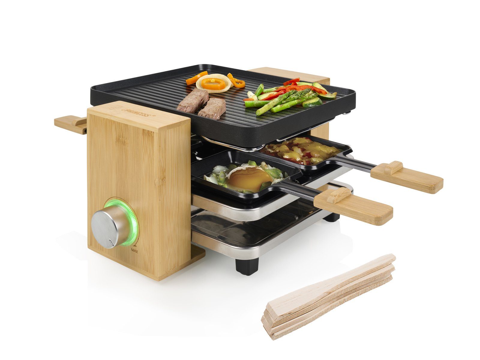 PRINCESS Raclette, 800 W, Kleiner Bambus Design Tischgrill für 2-4 Personen, Pfännchen Parkdeck