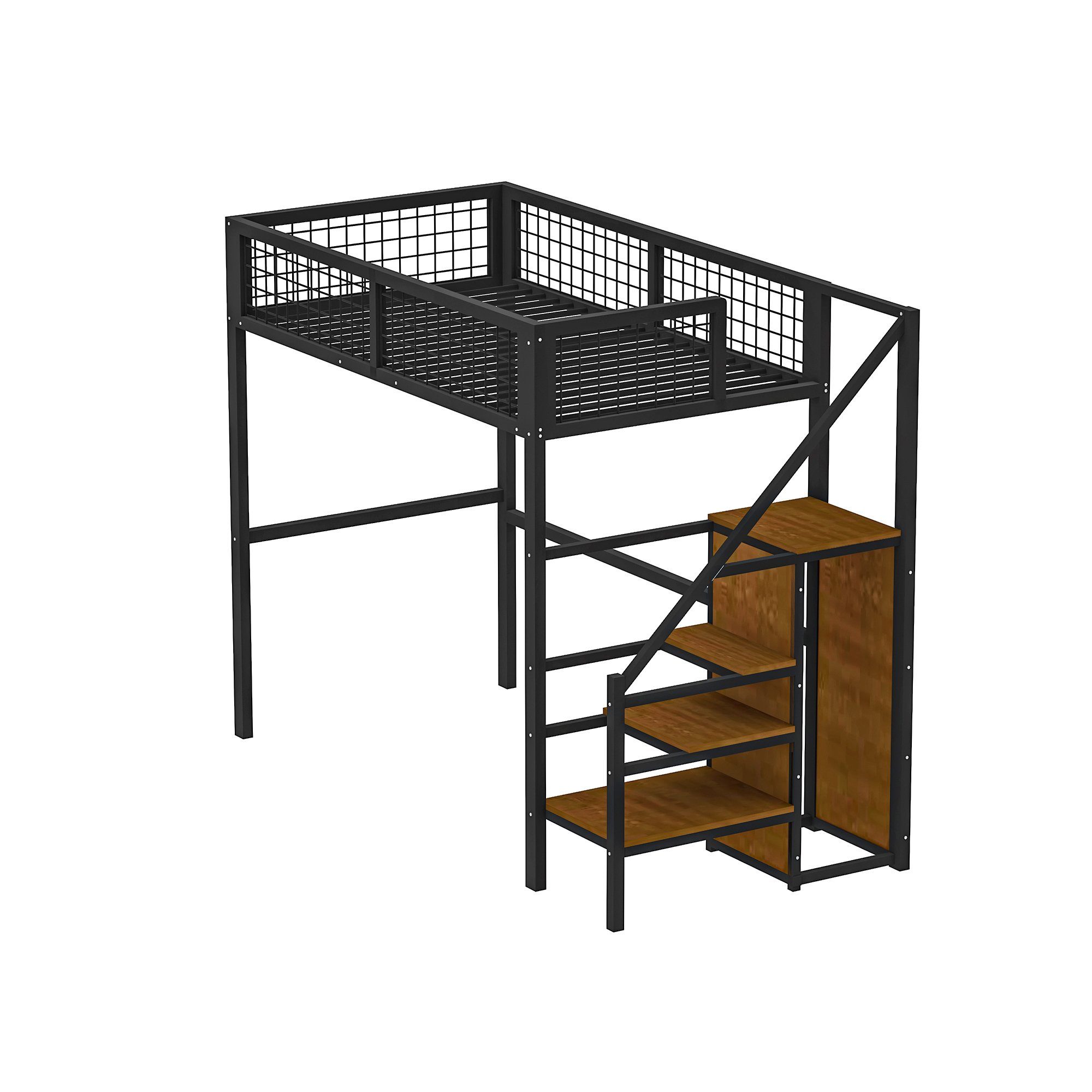 REDOM Metallbett Hochbett Einzelbett Stauraumbett Funktionsbett 90x200 cm (mit Leiter, Kinderbett mit Eisenrahmen und Aufbewahrungsregal, Kleiderschrank), ohne Matratze, Kein Stuhl