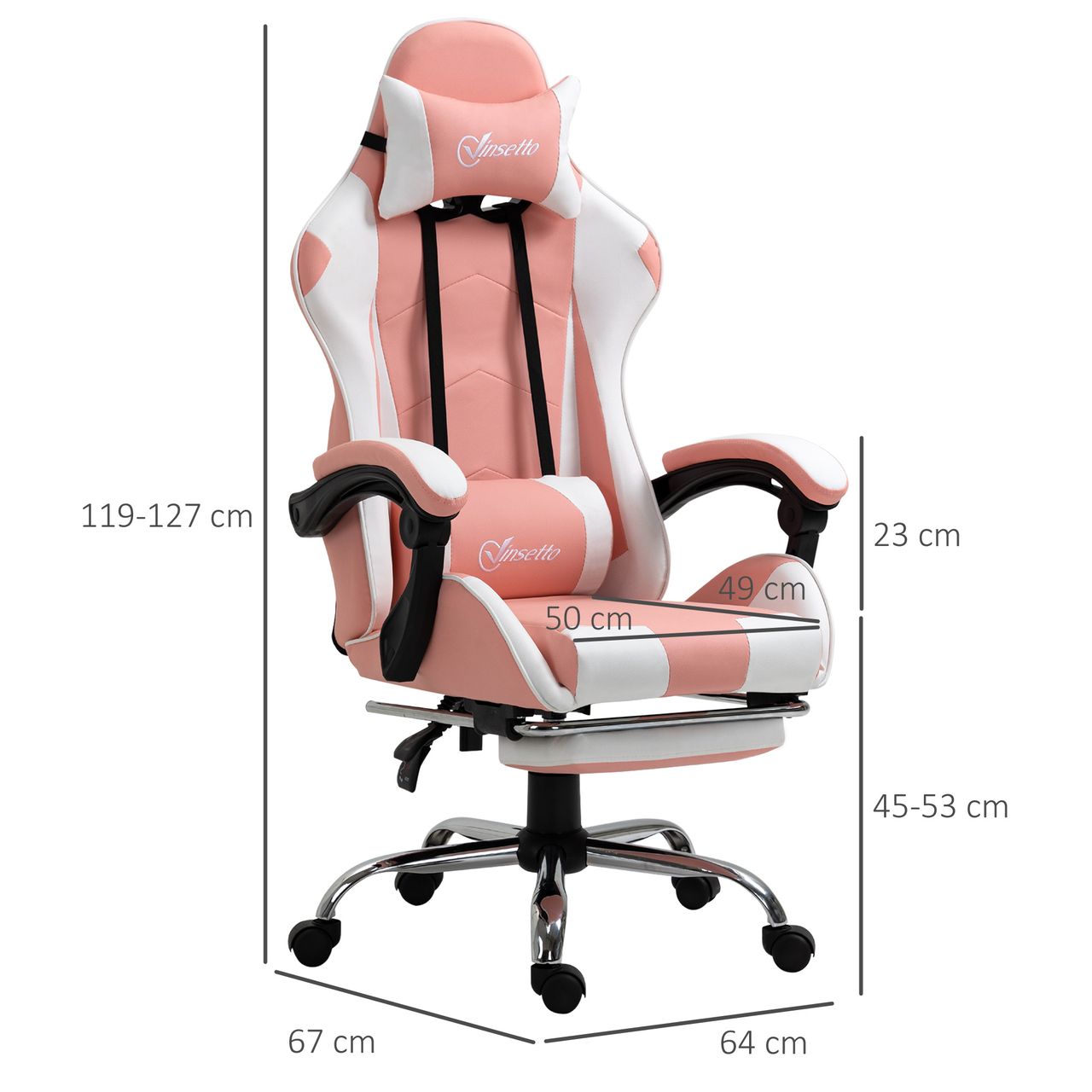 HOMCOM Gamingstuhl Computerstuhl Ergonomischer Bürostuhl Gamer Stuhl mit Kopfstütze Lendenkissen Bürostuhl höhenverstellbar 360°drehbar Schaumstoff Kunstleder PVC Rosa Weiß 64 x 67 x 119-127 cm