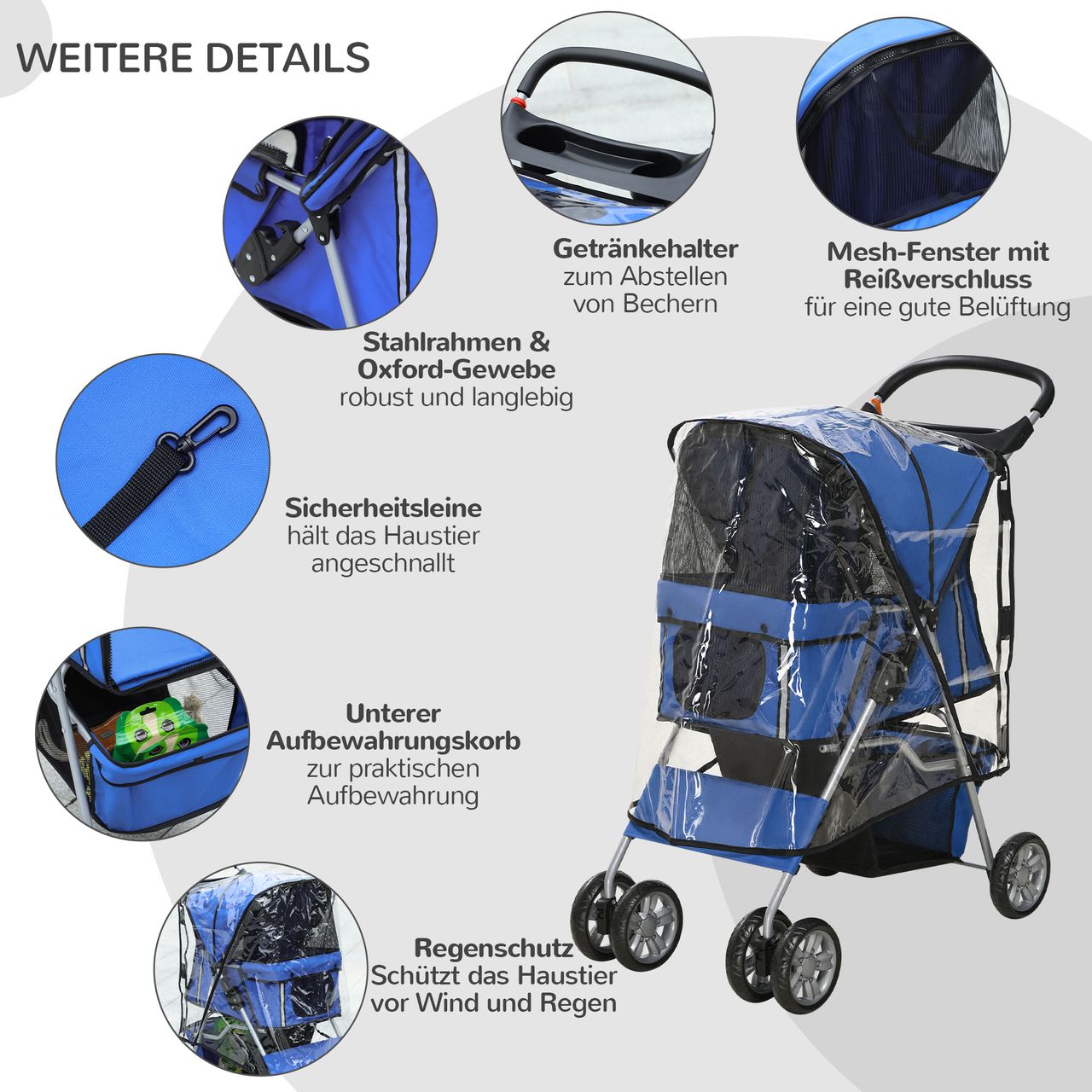 PawHut Hundetrolley, faltbarer Hundebuggy, Hundewagen mit Regenverdeck, Blau