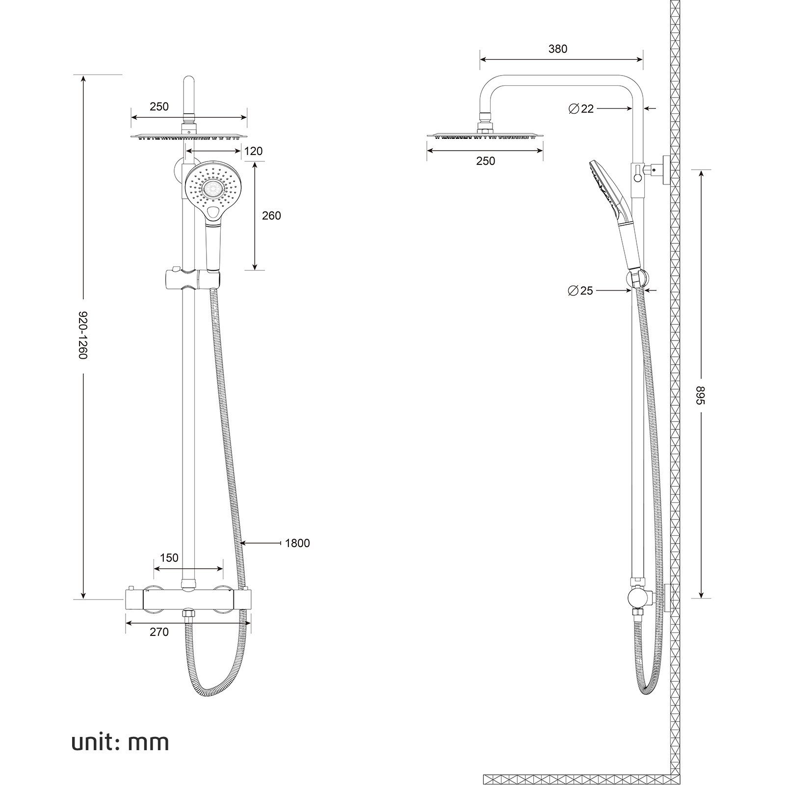 Rainsworth Duschsystem mit Thermostat, Höhe 126 cm, 3 Strahlart(en), Komplett-Set, 92-126 cm Duschstangen Edelstahl Duschamaturenset, Filtrationsfunktion