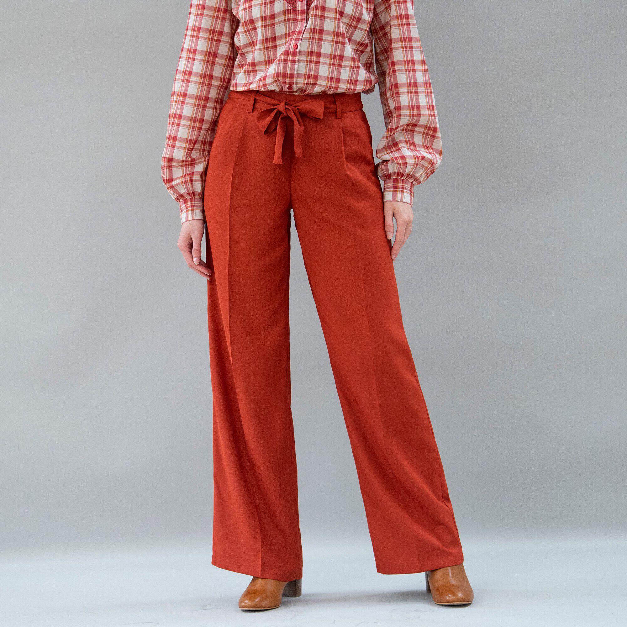 Pantalon large fluide, taille ceinturée, uni