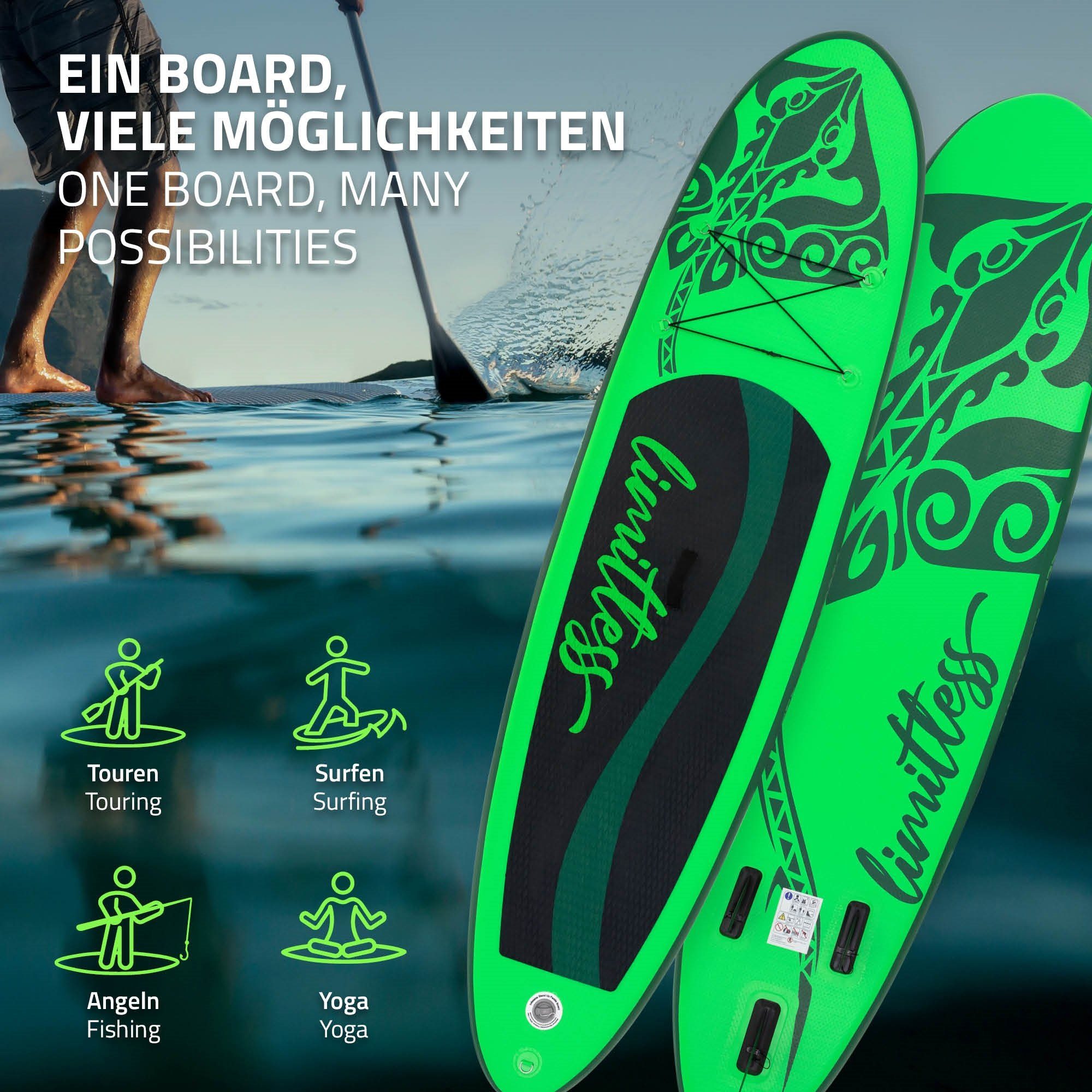 ECD Germany SUP-Board Aufblasbares Stand Up Paddle Board Limitless Surfboard, Grün 308x76x10cm PVC bis 120kg Pumpe Tragetasche Zubehör