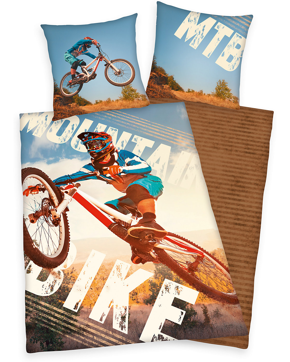 Wende-Kinderbettwäsche Mountainbike, Renforcé, 135 x 200 + 80 x 80 cm