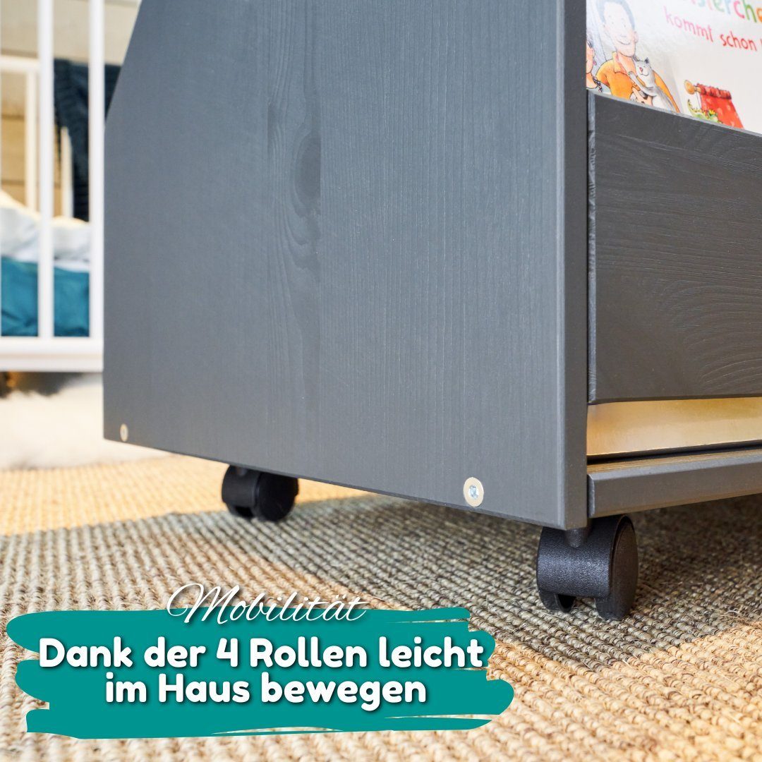 Alavya Home® Bücherregal COMET, Kinder Bücherregal I Kinderregal mit 2 Ablagen 4 Rollen 1-tlg., Aufbewahrungsregal für Bücher in Kinder-Spielzimmer aus Kieferholz