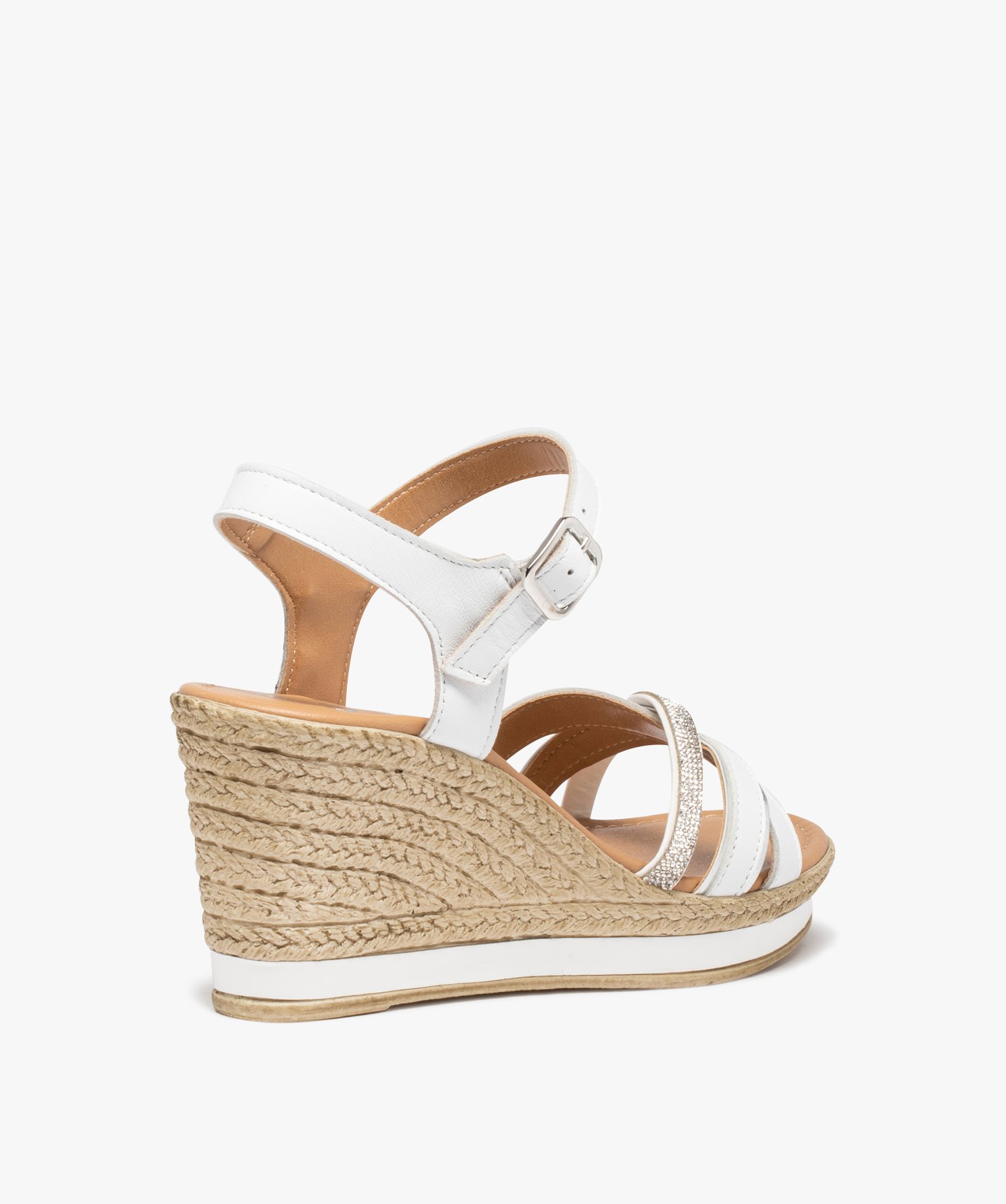 Sandales femme compensées à brides en cuir et strass blanc | GEMO