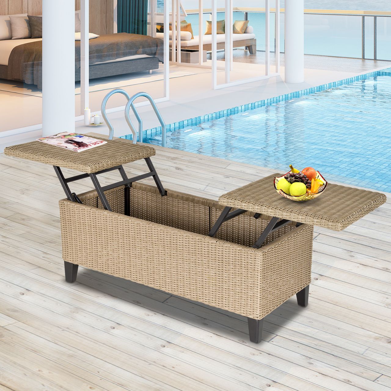 Outsunny Polyrattan Garten Balkontisch ausziehbar Stahl Khaki 103 x 50 x 45,5 cm