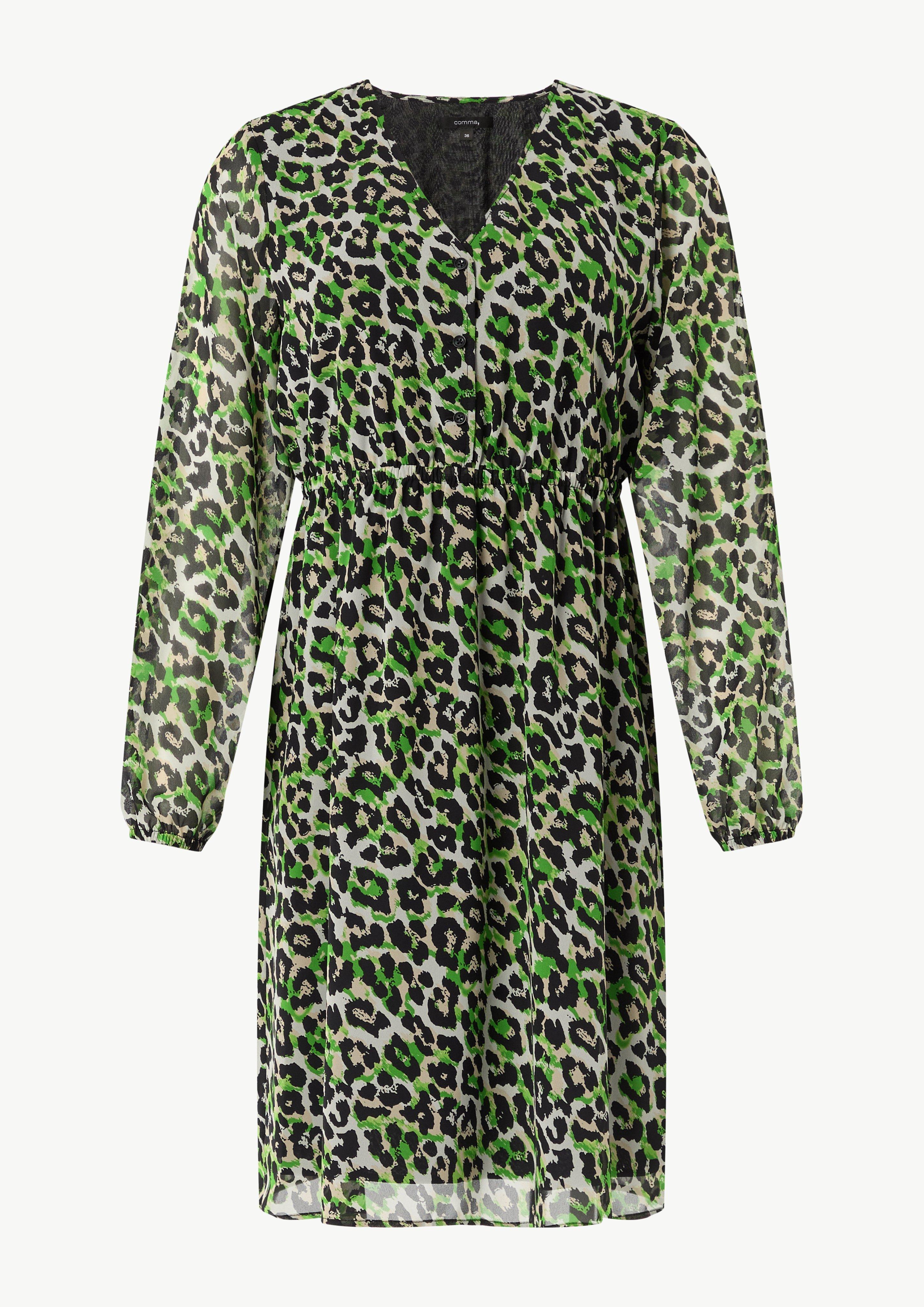 Kurzes Chiffon-Kleid mit Leo-Print und Knopfleiste - beige