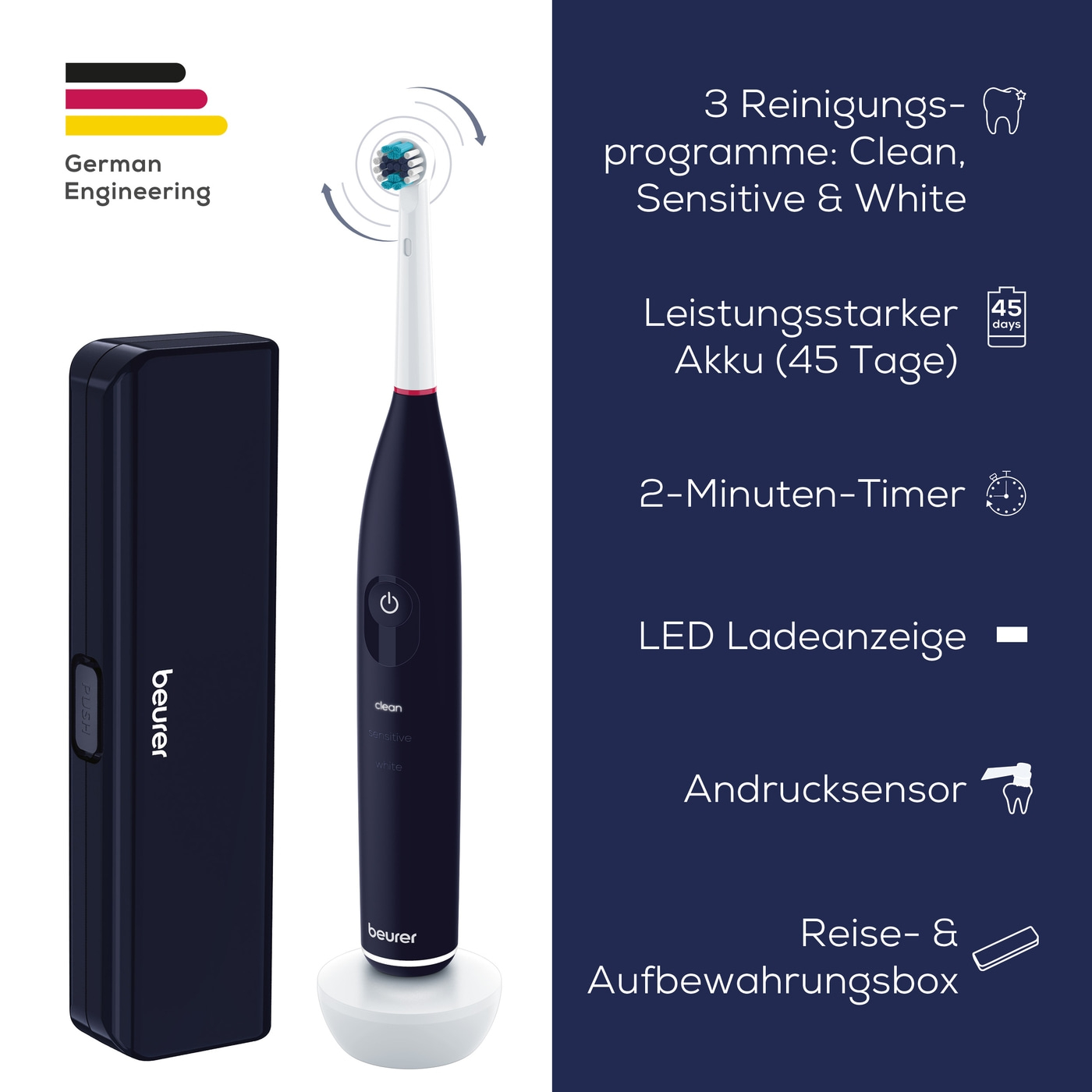 Beurer Elektrische Zahnbürste TB 50-Tägliche Zahnpflege mit integriertem Andrucksensor und 3 Reinigungsprogrammen für komfortables Zähneputzen